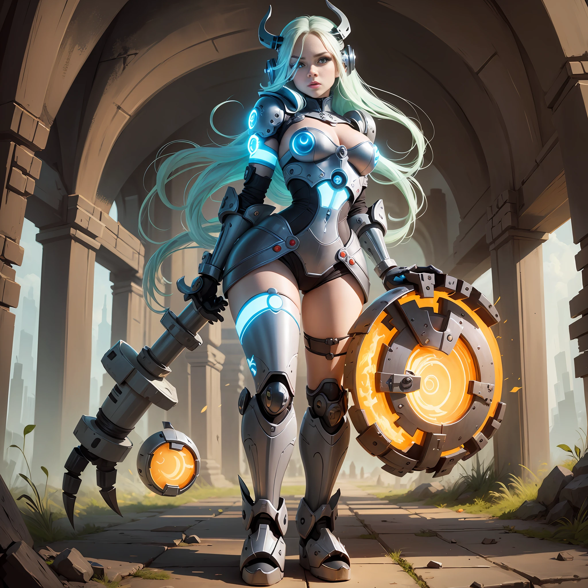 : A full-body woman's Viking robot can have a lovely design, with large, expressive eyes, bright colors, and rounded shapes, which make it attractive cartoon style