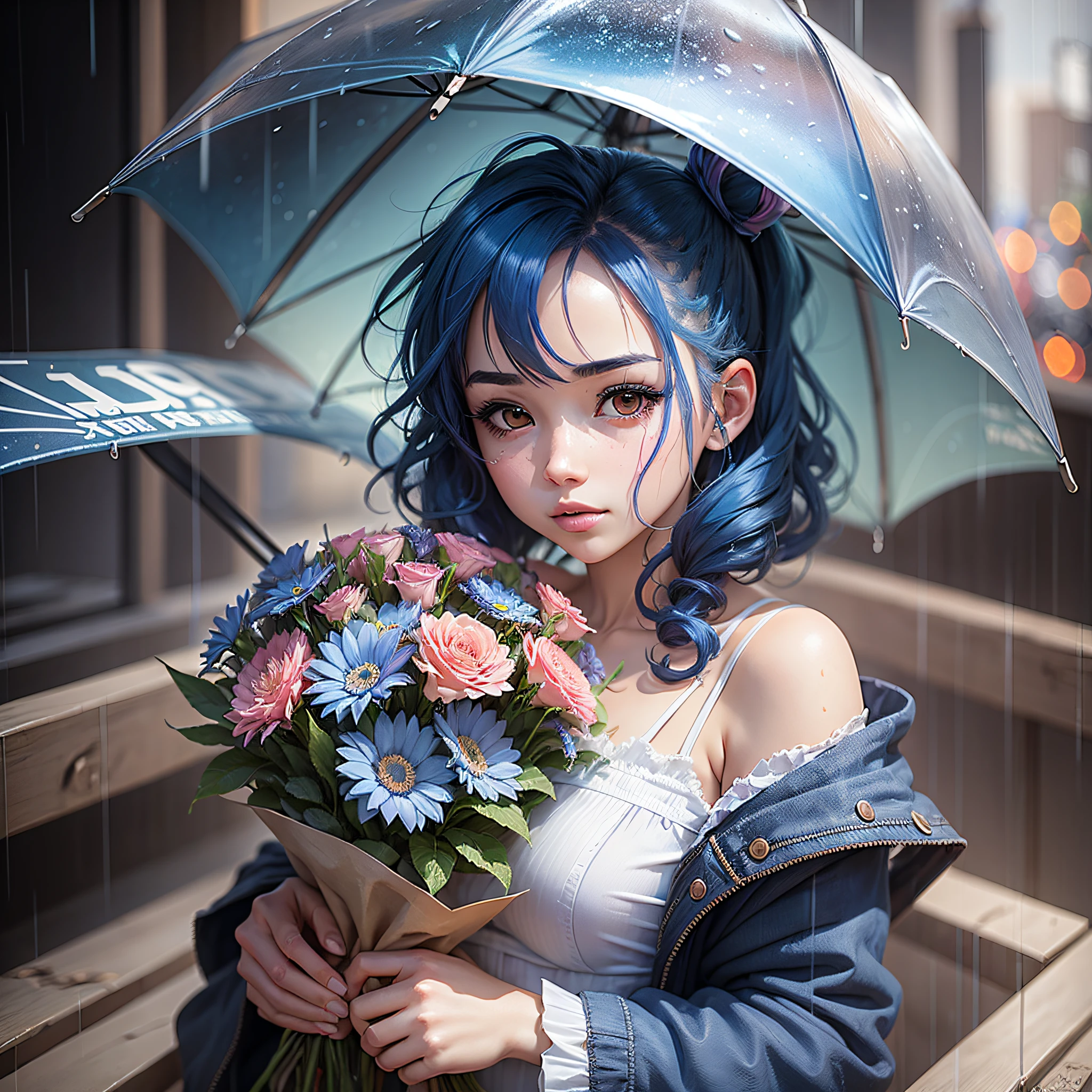 Girl, blue-haired, anime style, holding a bouquet of flowers, raining, 3D, 2K --auto --s2