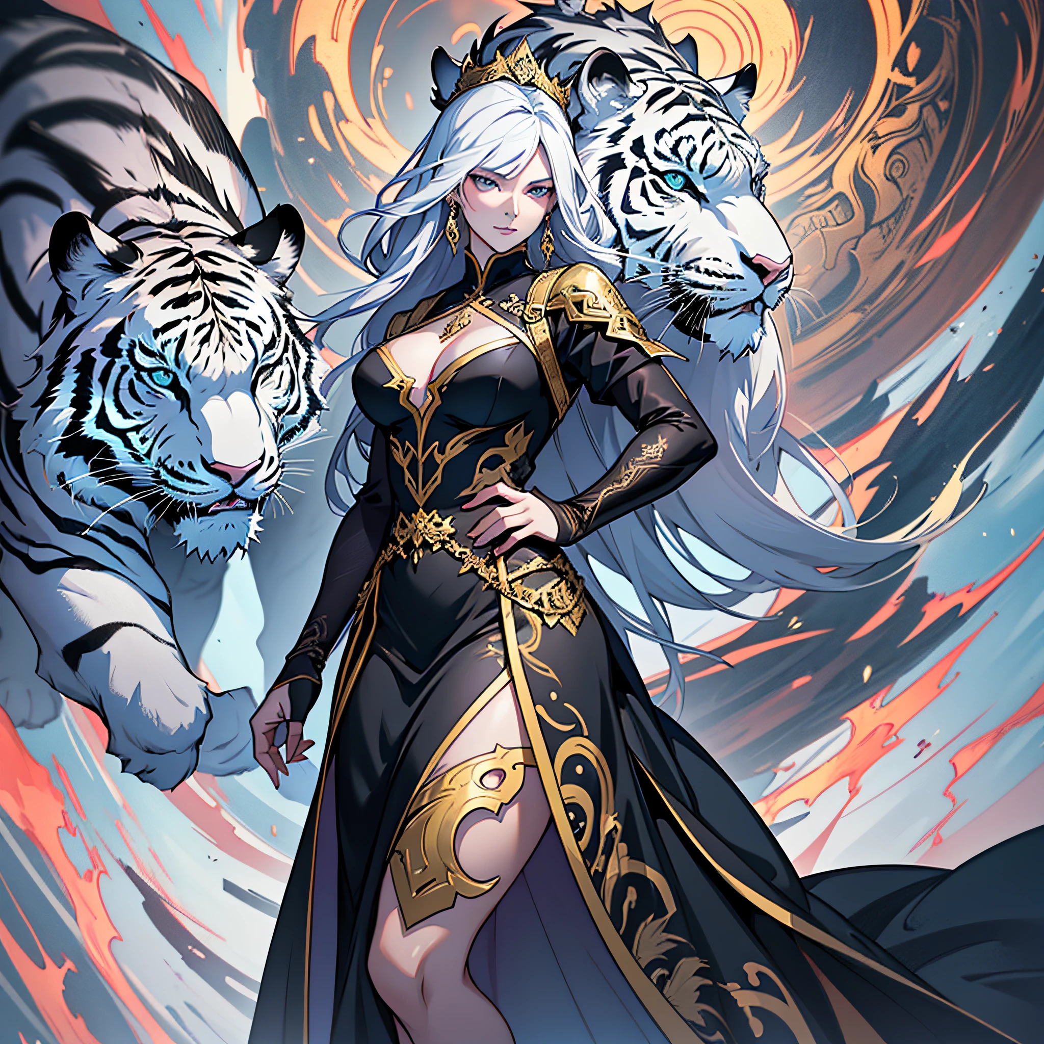 A woman in a black dress stands next to a big white tiger, Yang J, intricate gorgeous anime CGI style, beautiful fantasy queen, anime fantasy artwork, fantasy art style, Ruan family and art germ, anime fantasy illustration, art germ and ruan jia, beautiful fantasy anime, 8K high quality detail art