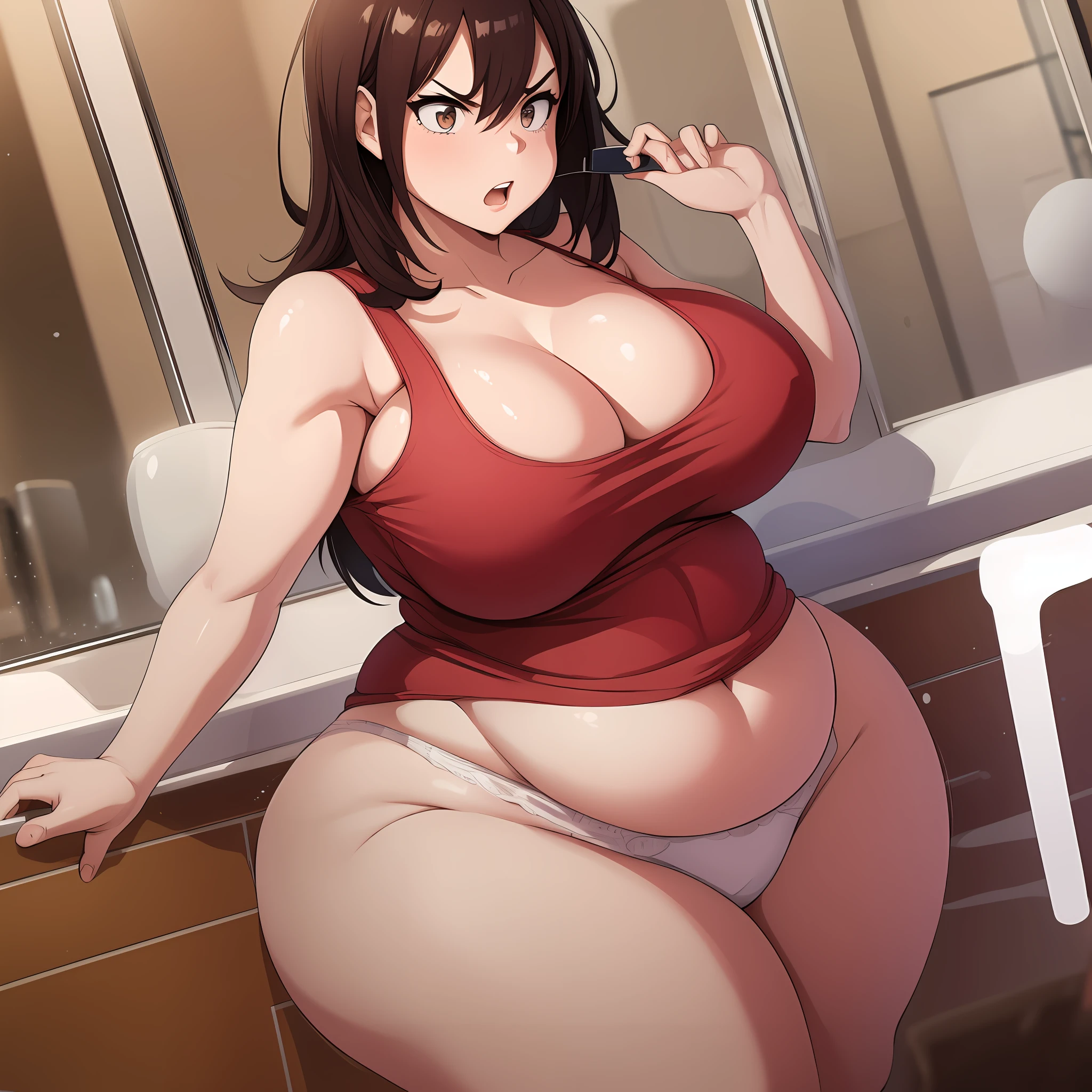 1milf, pear shaped, pear shape figure, bottom heavy, wide hips, incredibly wide hips, thick thighs, incredibly thick thighs, plump, incredibly plump, in bath, looking at viewer, angry, annoyed, tank top, panties, wide, hyper