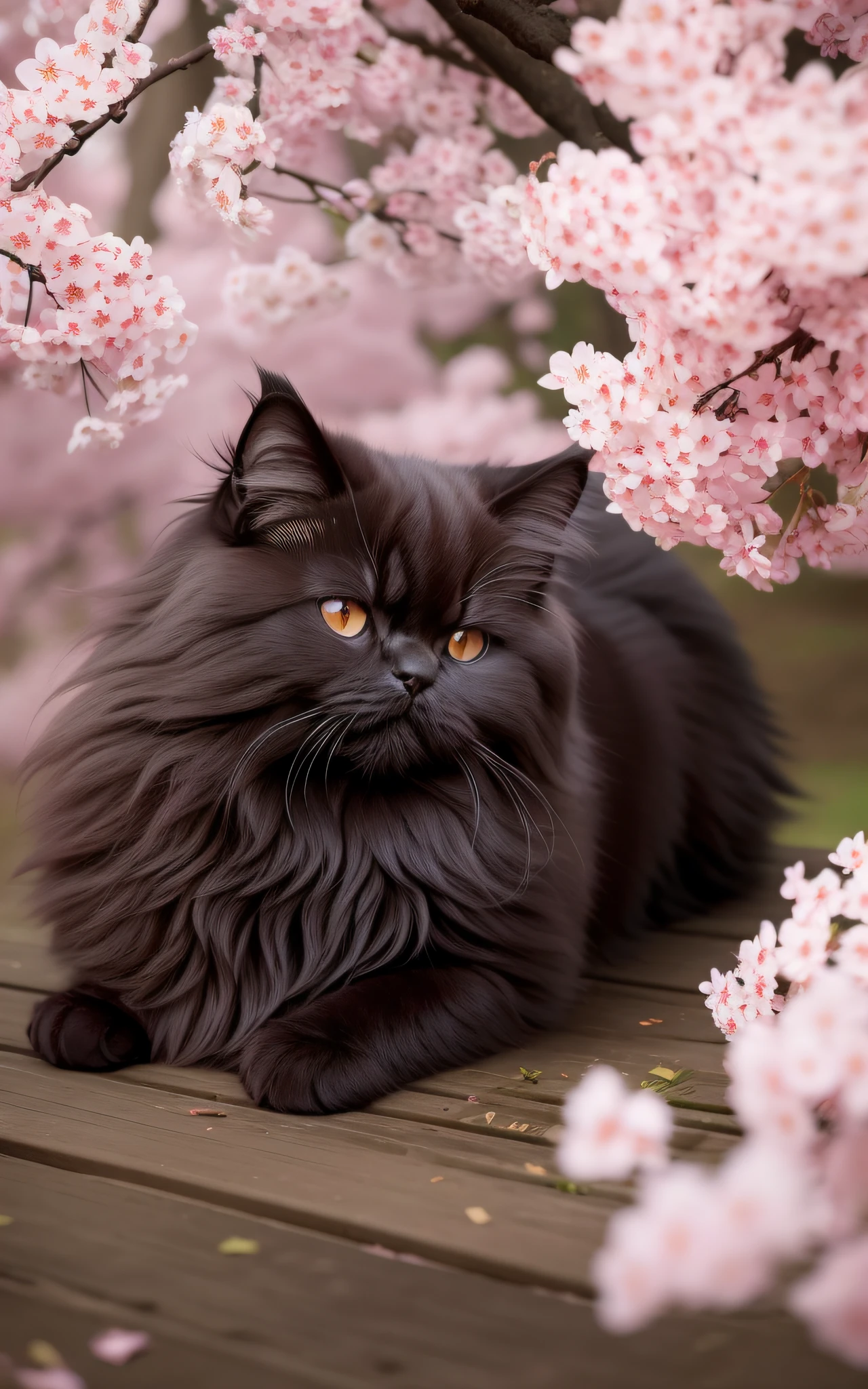 A dark chocolate-colored Persian cat is resting with its eyes closed under a cherry blossom tree. Its luxurious fur harmonizes with the falling cherry blossom petals