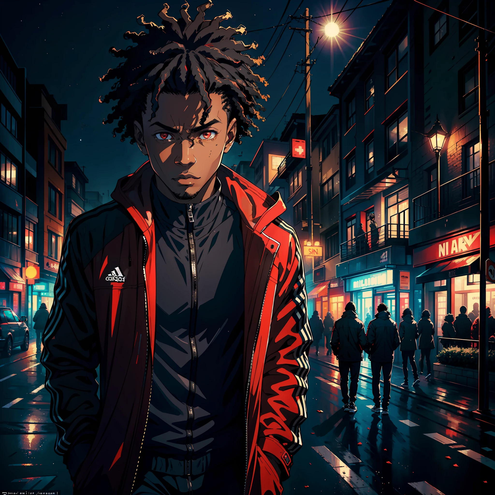 ((realistic: 1.5)),((best quality)), ((masterpiece)),((detailed)), tall, black man, short curly hair, adidas coat, bright red eyes, heat vision, outskirts of city at night, poor side of town