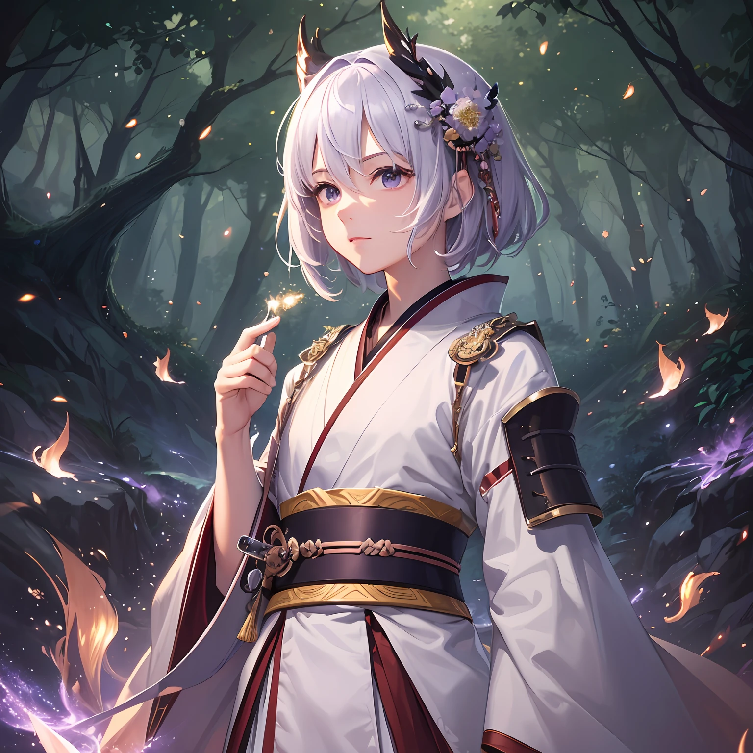 (best quality, best artist), (best illustration), (best desinger), (extremely detailed 8k CG unit wallpaper), (1boy) short white hair, eyes (lilac), backdrop, magical forest with fireflies that illuminates the environment, wearing samurai robes, Paramount studio cinematic lighting