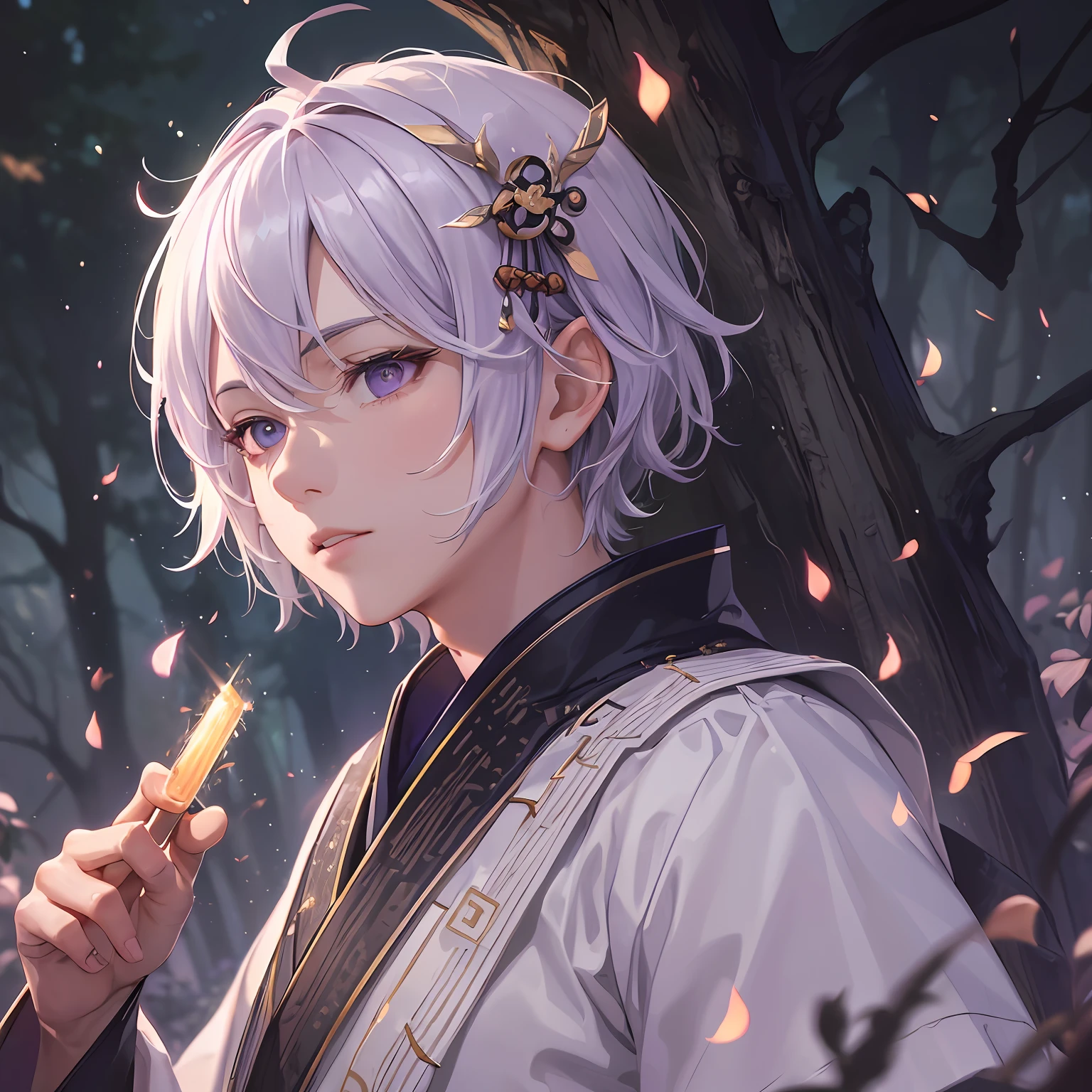 (best quality, best artist), (best illustration), (best desinger), (extremely detailed 8k CG unit wallpaper), (1boy) short white hair, eyes (lilac), backdrop, magical forest with fireflies that illuminates the environment, wearing samurai robes, Paramount studio cinematic lighting
