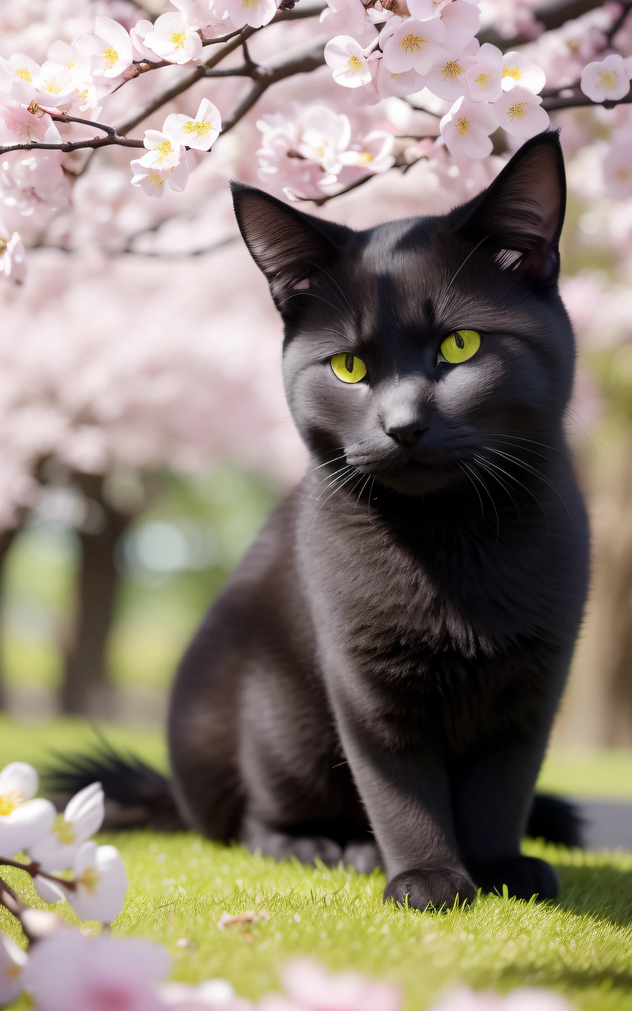 An all-black Chartreux is resting under a cherry blossom tree, basking in the warm spring sunshine. Its black fur creates a vivid contrast with the vibrant pink petals