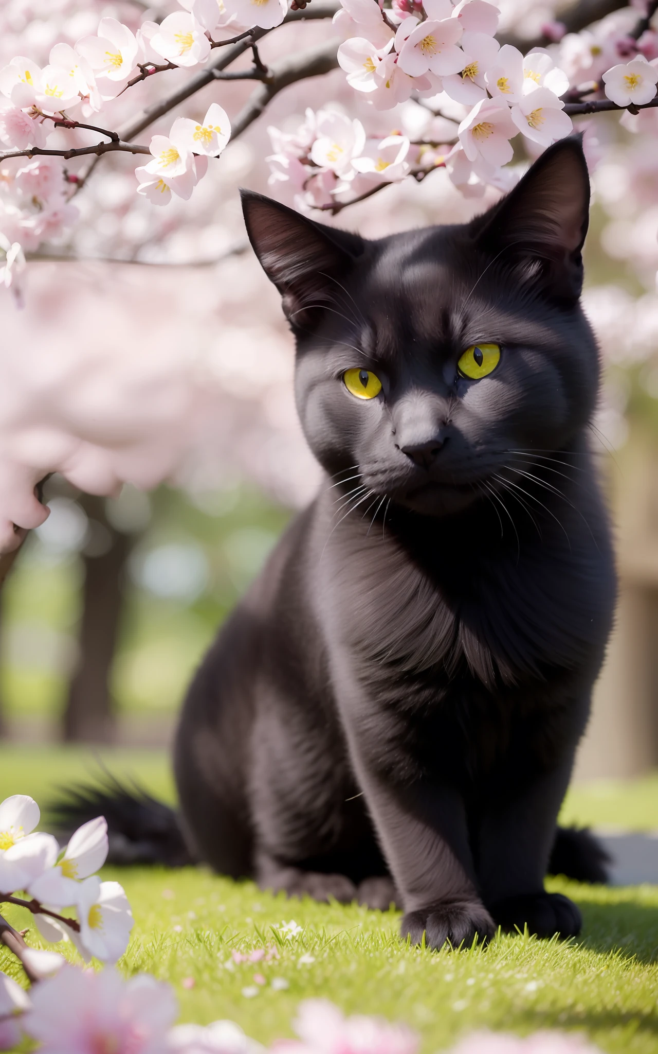 An all-black Chartreux is resting under a cherry blossom tree, basking in the warm spring sunshine. Its black fur creates a vivid contrast with the vibrant pink petals