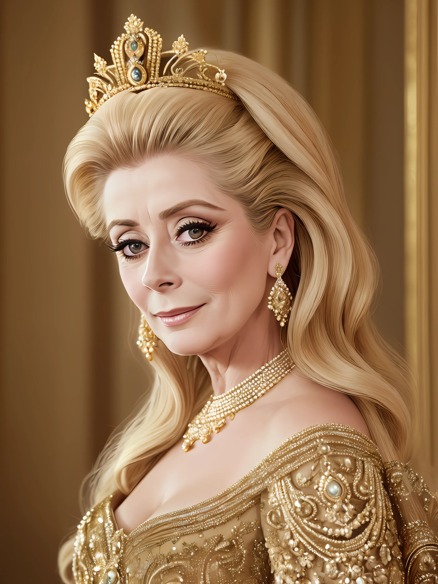 Catherine Deneuve:
Masterpiece Photography Ultra Realistic Description: Catherine Deneuve, the iconic French actress and symbol of elegance, radiates timeless beauty in this hyper-realistic 4K photograph. Dressed in a glamorous evening gown, she stands against the backdrop of a luxurious ballroom, exuding grace and sophistication. Her enchanting smile and regal poise command attention. The hyper-realistic portrayal captures the intricate details of her exquisite attire and the opulence of the surroundings, creating a captivating fusion of glamour and refinement. Catherine Deneuve's ethereal charm and cinematic allure are beautifully showcased in this extraordinary photograph.