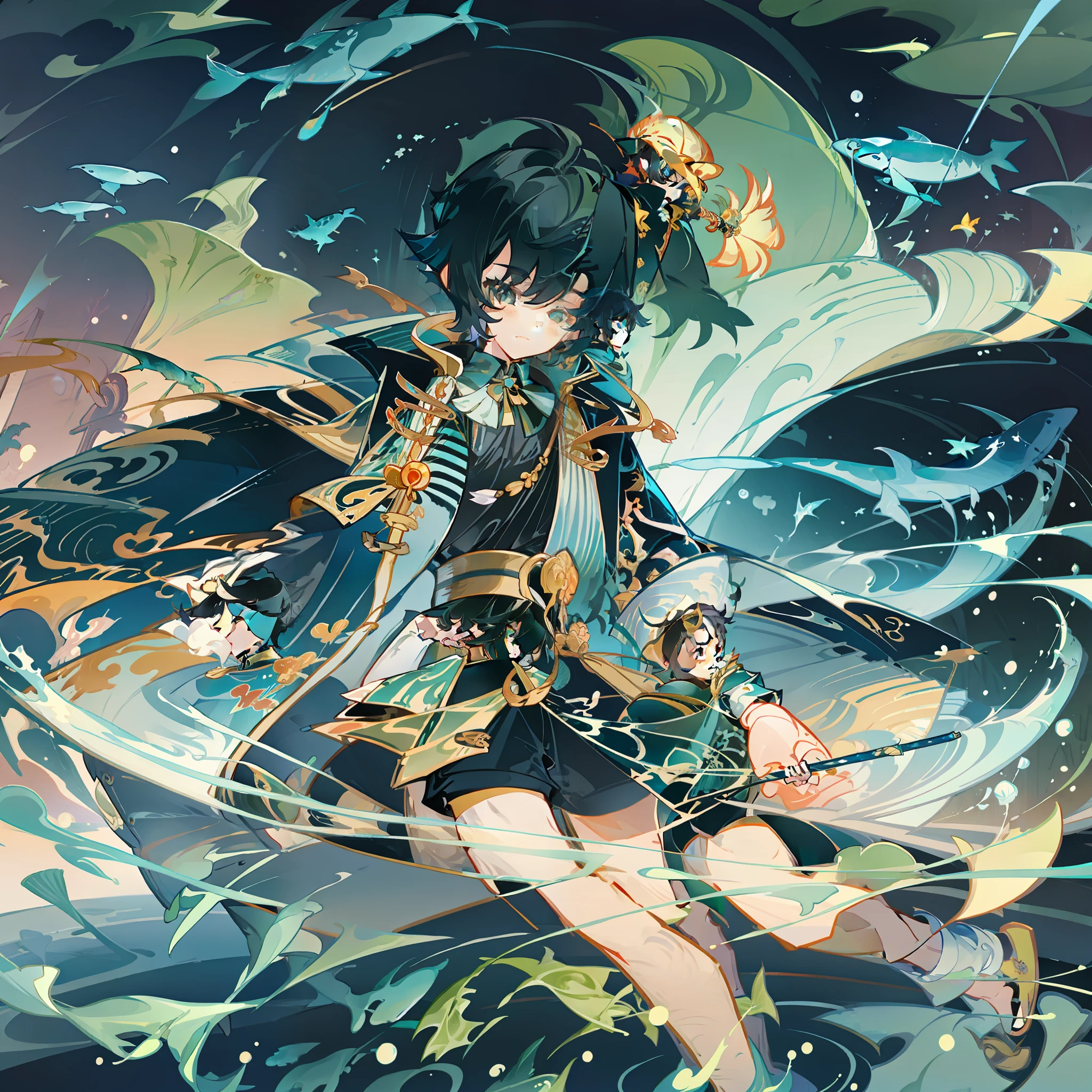 Black-haired male pupils, **********, short-sleeved shorts, wearing a long cape, a straw hat with two streamers and countless wind chimes, playing a green flute sitting on the back of a huge whale composed of water, leading more fish behind him, the picture is beautiful and the picture is dreamy