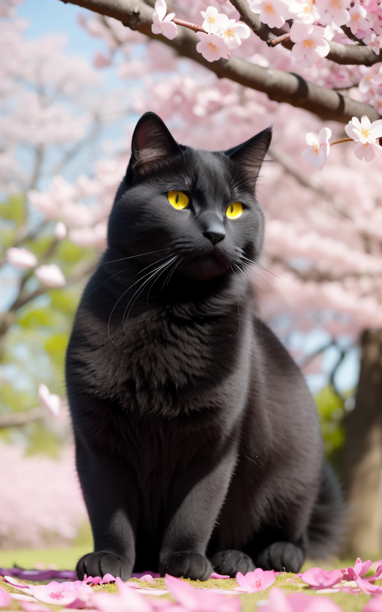 An all-black Chartreux is resting under a cherry blossom tree, basking in the warm spring sunshine. Its black fur creates a vivid contrast with the vibrant pink petals