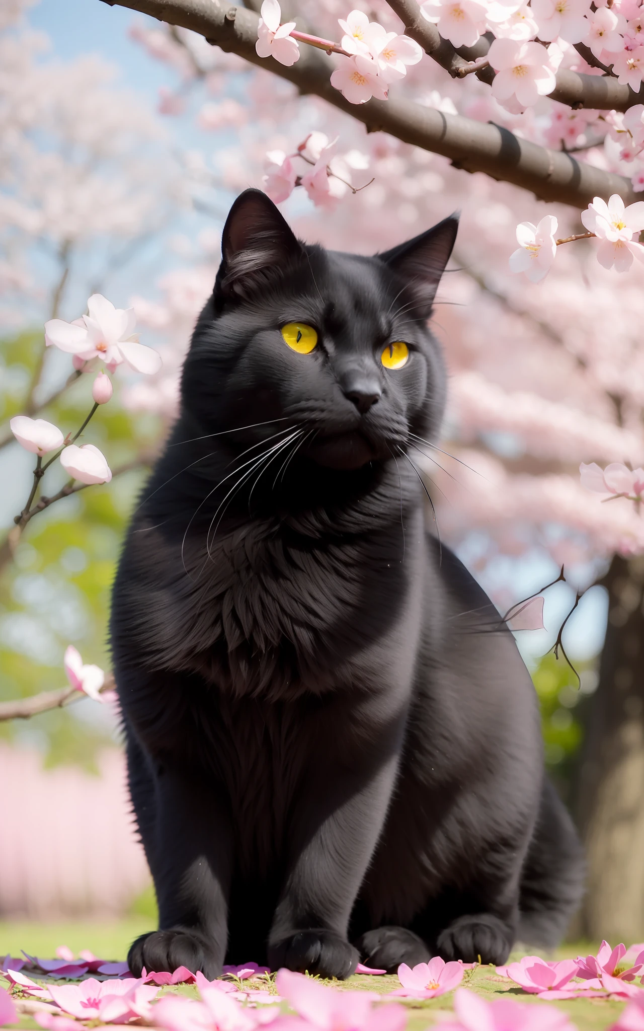 An all-black Chartreux is resting under a cherry blossom tree, basking in the warm spring sunshine. Its black fur creates a vivid contrast with the vibrant pink petals