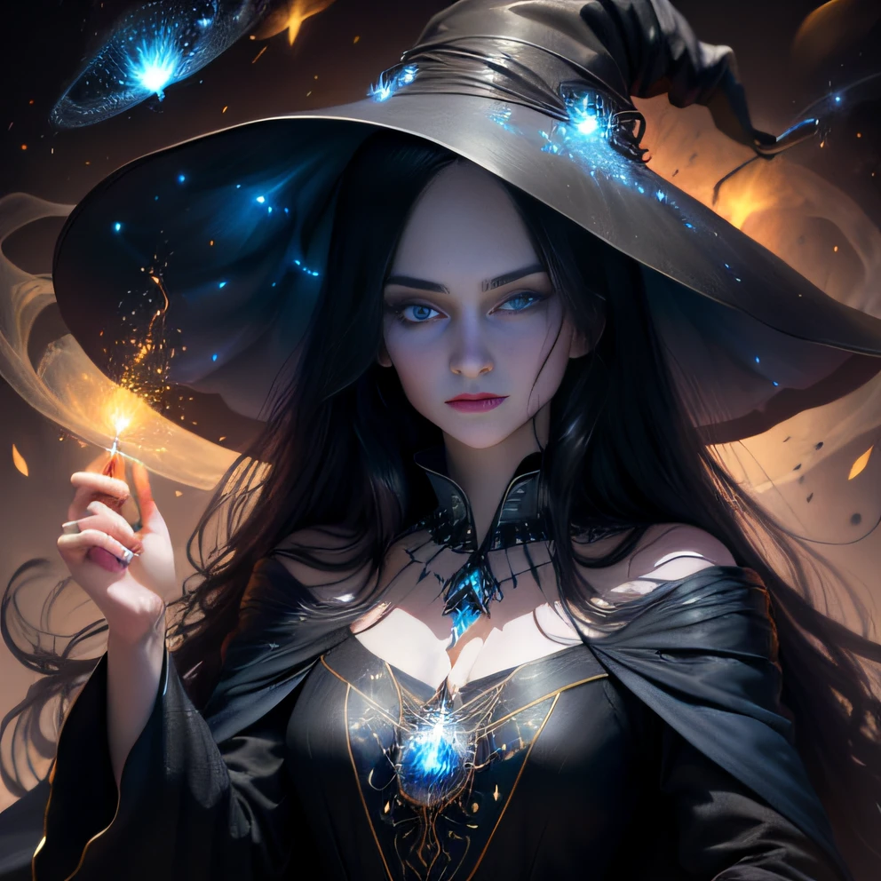 Face of perfect proportions, realistic expression, large face, long black hair, witch hat, blue eyes, pale white skin, beautiful woman in black robes with intricate decorations, upper body, witch, confident expression (dynamic angle, dazzling blue eyes, delicate necklace, charming smile), (magical mystical background, fireflies, glowing yellow particles, ethereal fog, faint darkness) , high saturation, movie light, edge light, night cityscape