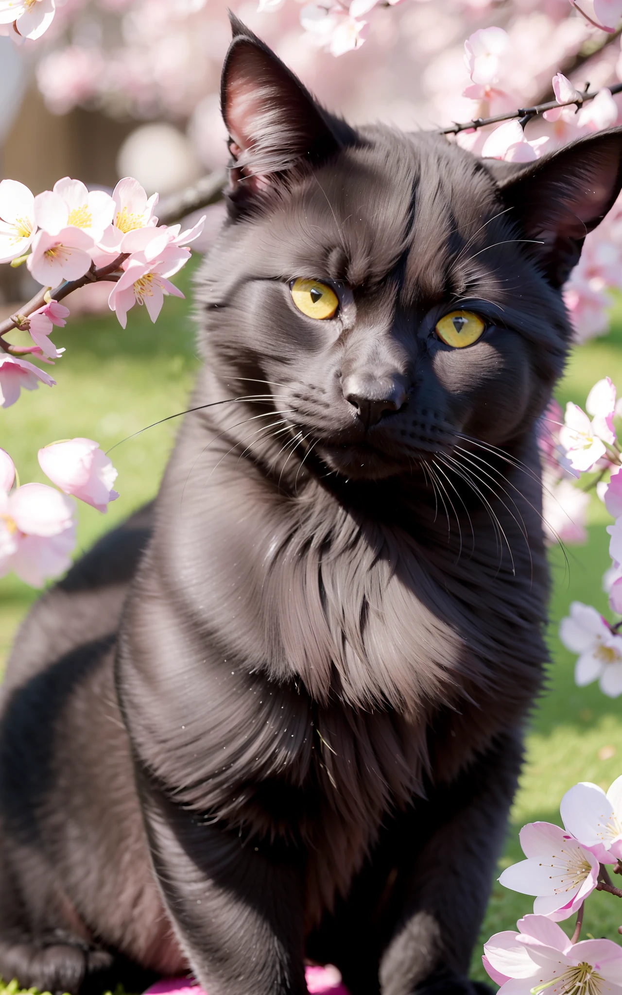 An all-black Chartreux is resting under a cherry blossom tree, basking in the warm spring sunshine. Its black fur creates a vivid contrast with the vibrant pink petals