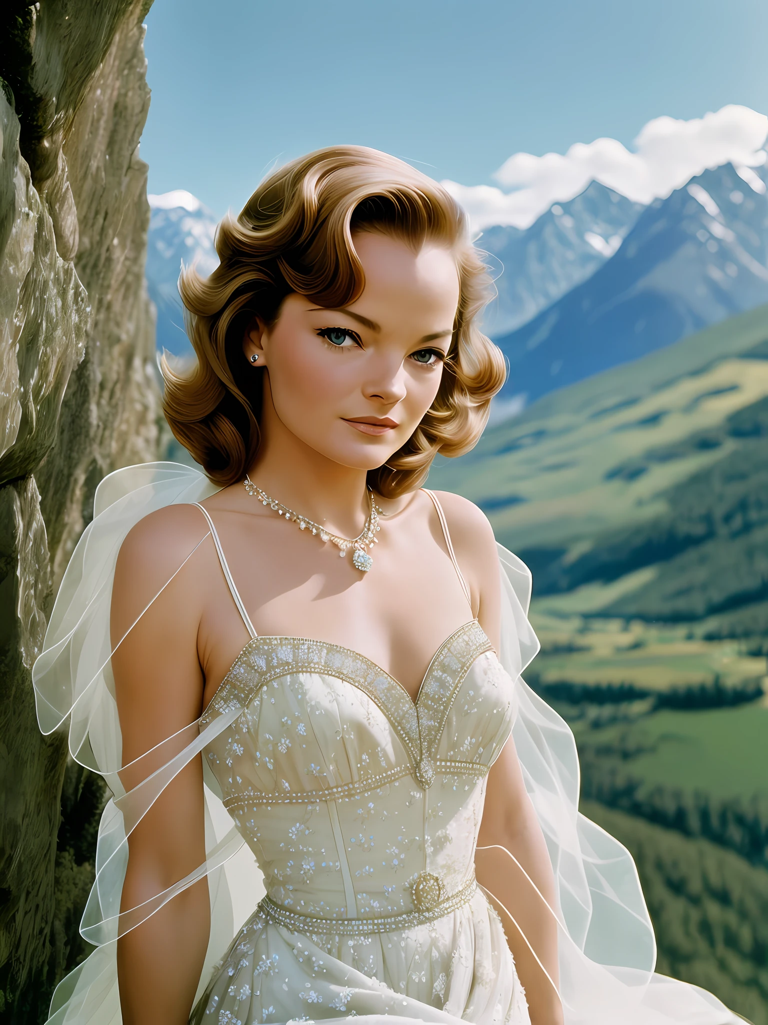 Romy Schneider:
Masterpiece Photography Ultra Realistic Description: Romy Schneider, the enchanting Austrian-French actress, captivates in this hyper-realistic 4K photograph. Dressed in a flowing gown, she stands against the backdrop of a picturesque Alpine landscape, radiating elegance and natural beauty. Her piercing eyes and soft smile exude a sense of vulnerability and strength. The hyper-realistic portrayal captures the delicate details of her ethereal attire and the serene majesty of the mountains, creating a captivating fusion of grace and nature. Romy Schneider's timeless allure and undeniable talent are beautifully portrayed in this remarkable photograph.