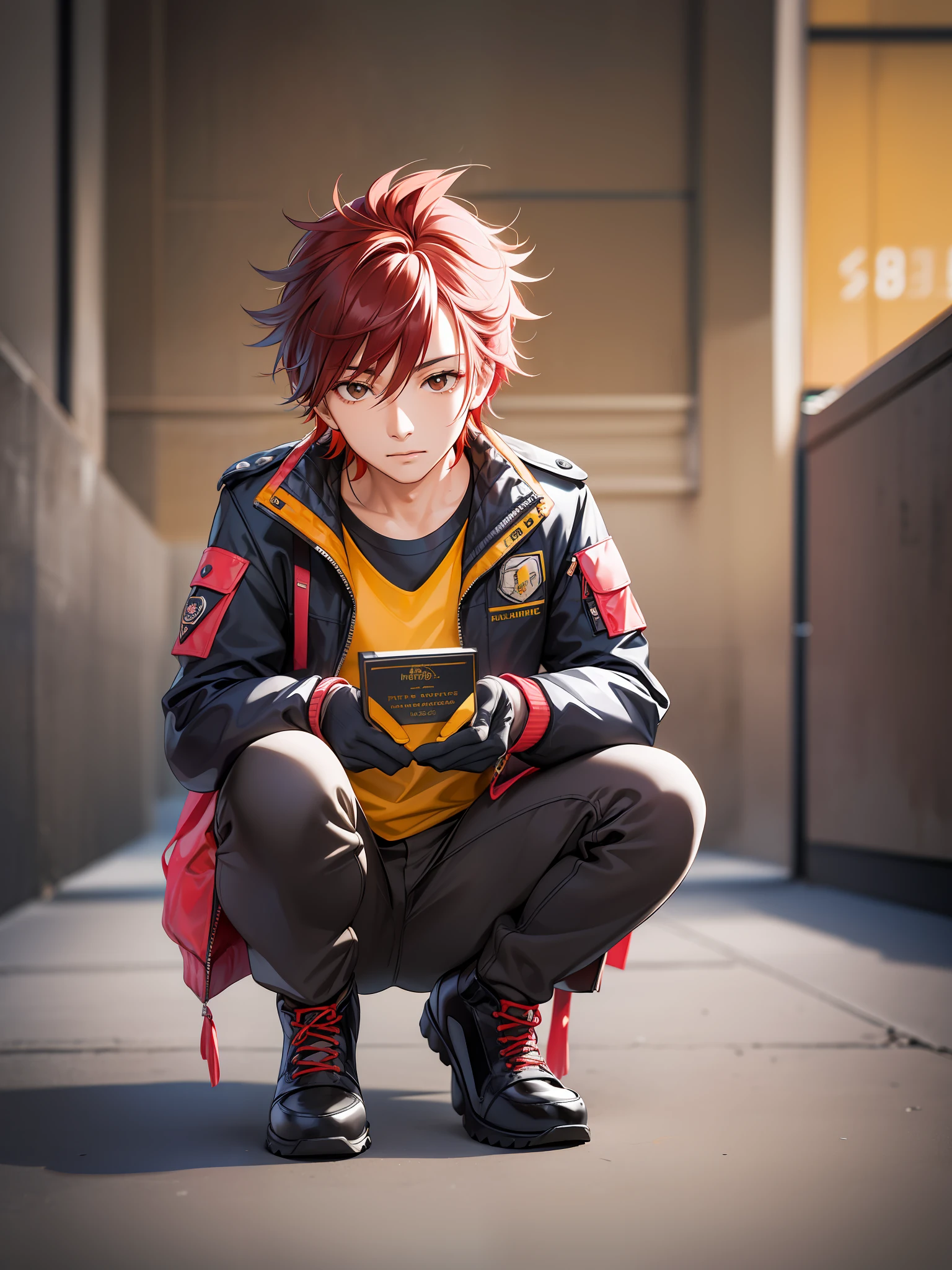 Hideto Matsumoto, official art, unity 8k wallpaper, ultra detailed,  solo, solo focus, perfect anatomy, 1boy, male_focus,  masterpiece, best quality,  brown eyes, multicolored hair, red hair, pink hair, black hair,short hair, squatting, looking at viewer, full body, long sleeves, gloves, yellow pants,boots, jacket, spiked hair, yellow jacket, pants, shoes, red footwear, perfect skin, detailed face, detailed eyes, shiny skin, textured skin, tonemapping, side lighting, rim lighting, good proportions, good anatomy, (highest quality, award winning)