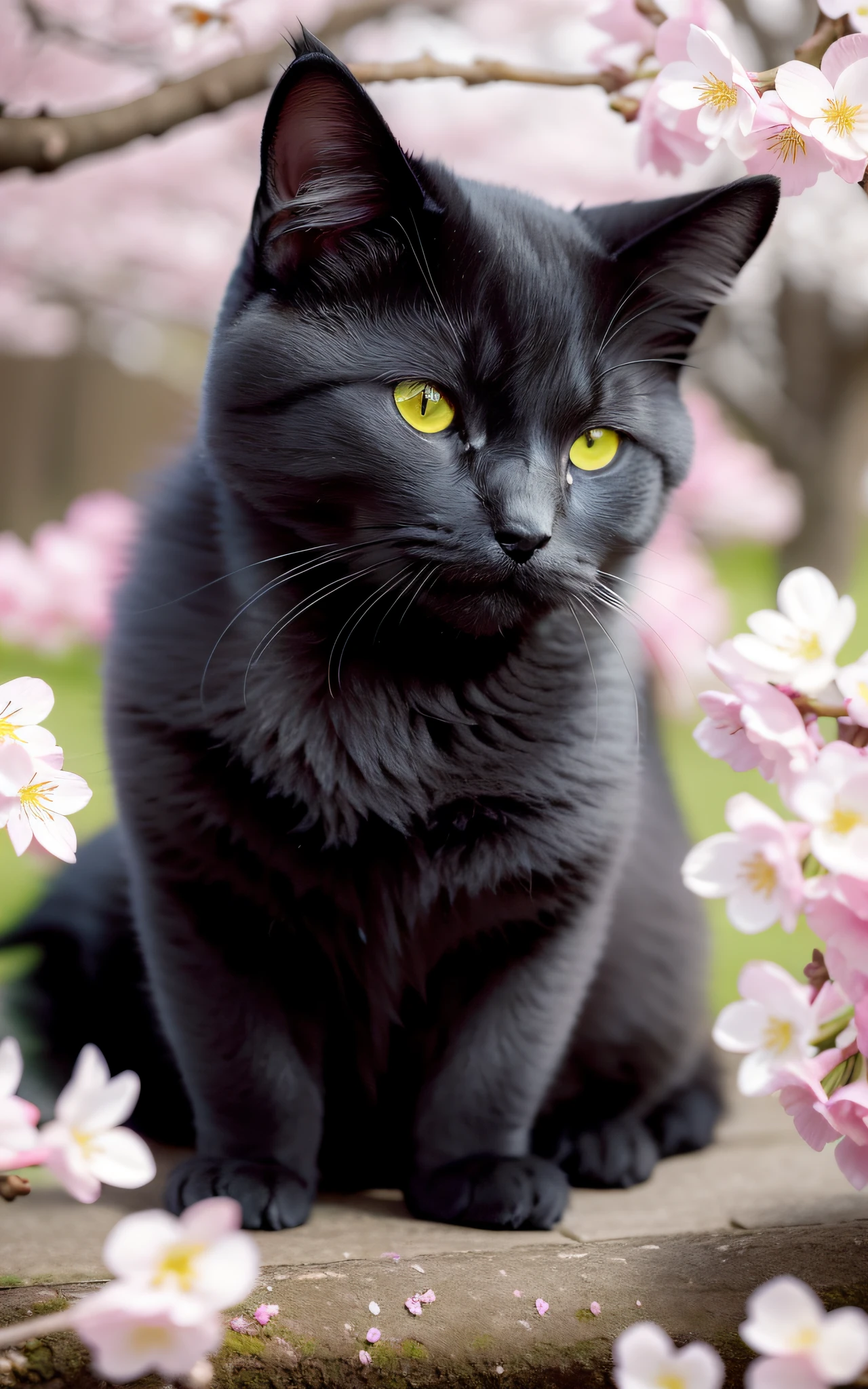 An all-black Chartreux is resting under a cherry blossom tree, basking in the warm spring sunshine. Its black fur creates a vivid contrast with the vibrant pink petals