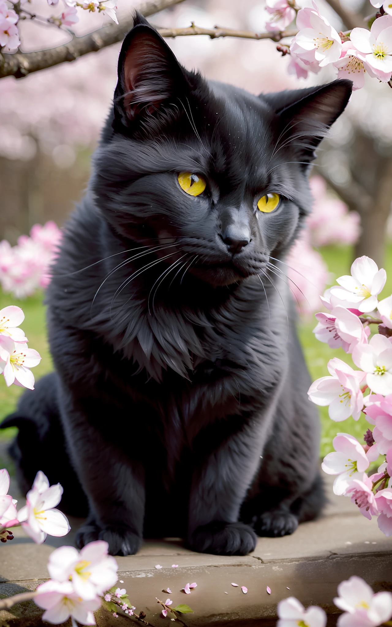 An all-black Chartreux is resting under a cherry blossom tree, basking in the warm spring sunshine. Its black fur creates a vivid contrast with the vibrant pink petals