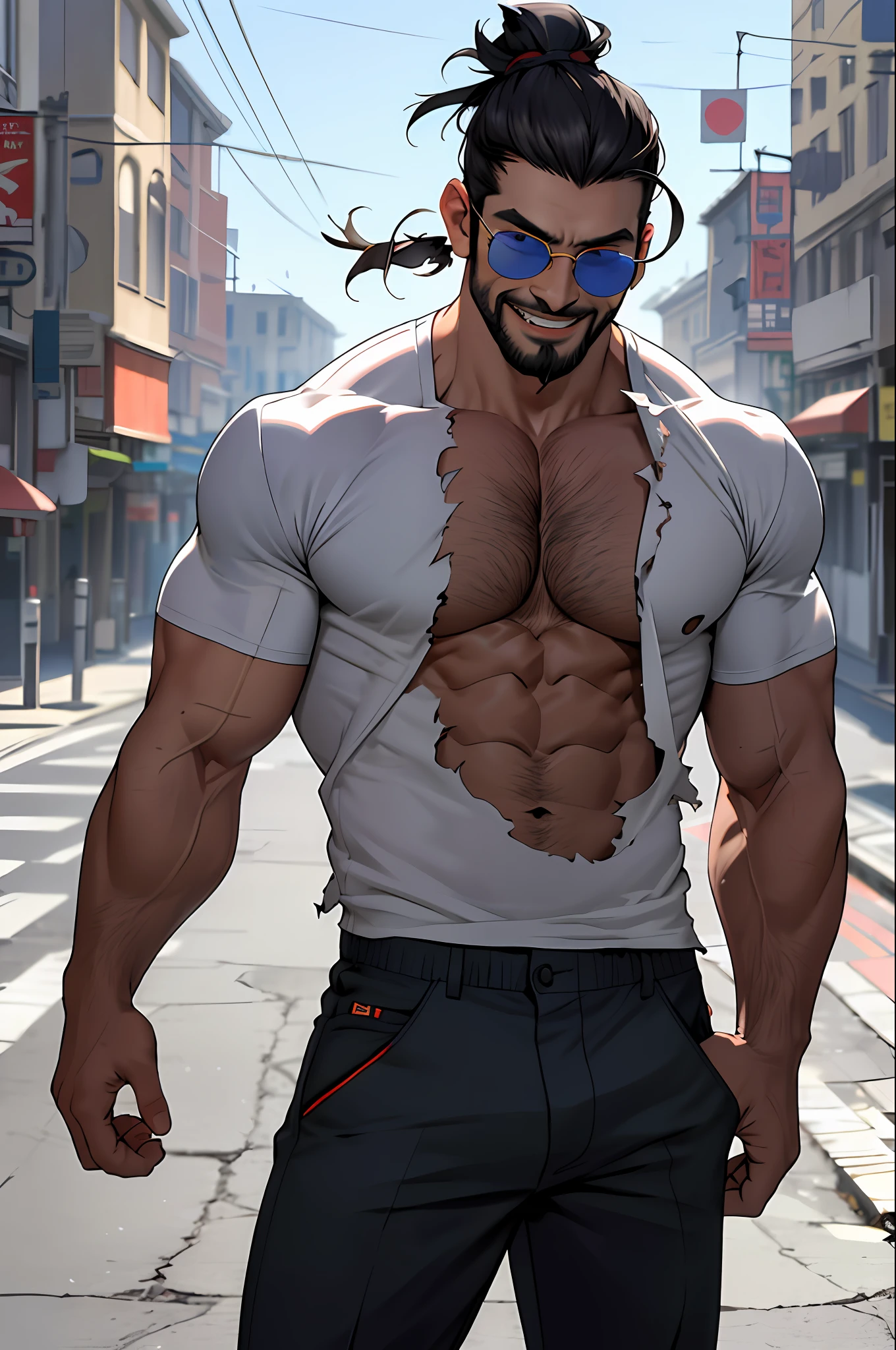 Best quality, masterpiece, ultra high res, detailed background, realistic, 1man, solo, male, muscular, mature male, short hair, topknot, facial hair, standing, open arms, open legs, open pants, colte jins, open mouth, huge smile, expression of fascination, surprised, square, real shadow and light, depth of field, chest, torn underwear, looking at the viewer, sunglasses falling, strong wind in the face