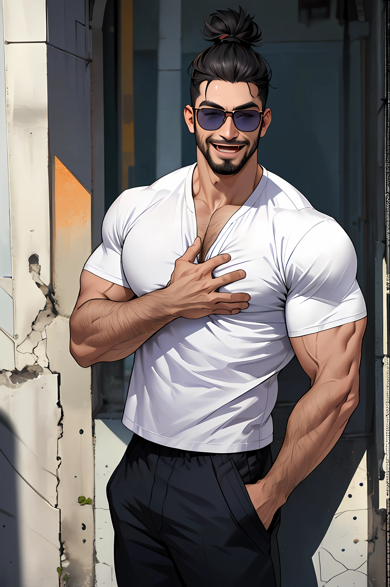 Best quality, masterpiece, ultra high res, detailed background, realistic, 1man, solo, male, muscular, mature male, short hair, topknot, facial hair, standing, open arms, open legs, open pants, colte jins, open mouth, huge smile, expression of fascination, surprised, square, real shadow and light, depth of field, chest, torn underwear, looking at the viewer, sunglasses falling, strong wind in the face