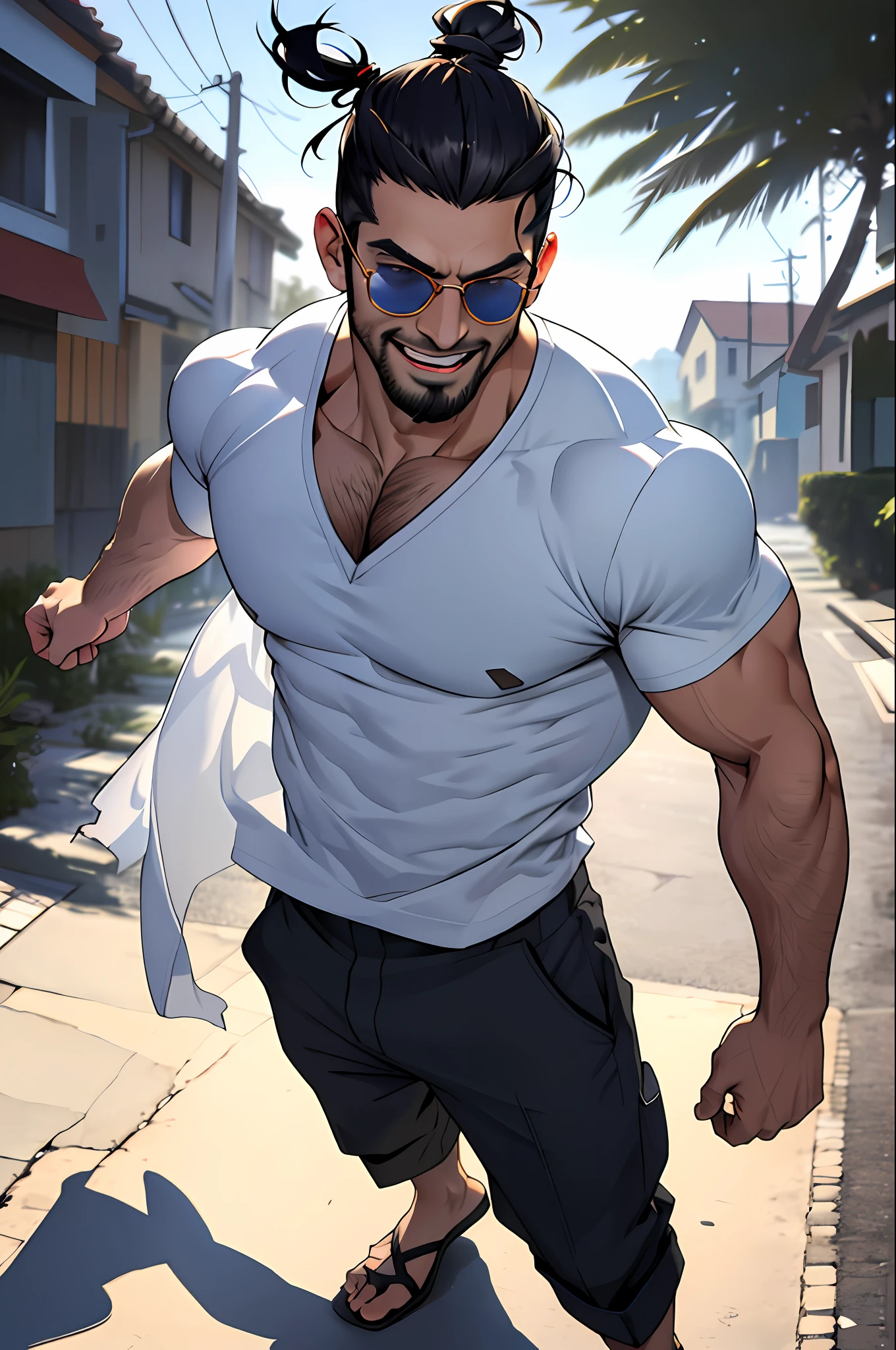 Best quality, masterpiece, ultra high res, detailed background, realistic, 1man, solo, male, muscular, mature male, short hair, topknot, facial hair, standing, open arms, open legs, open pants, colte jins, open mouth, huge smile, expression of fascination, surprised, square, real shadow and light, depth of field, chest, torn underwear, looking at the viewer, sunglasses falling, strong wind in the face