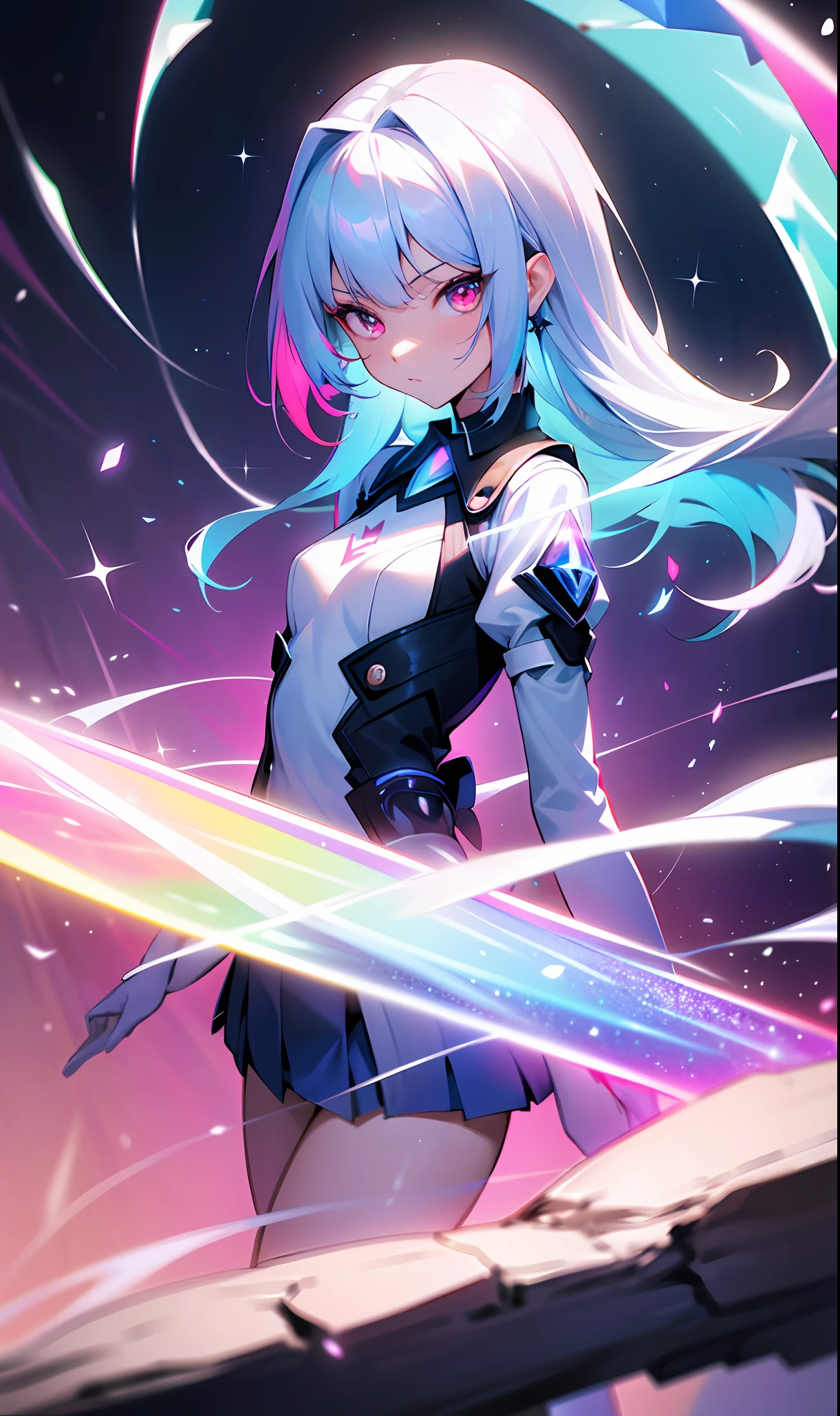 (Fine, Clear Image, Super Resolution, Extremely Amazing Detail, Awesome Detail), Subsurface Scattering, Masterpiece, Best Quality, High Quality, 1girl, Solo, Bust, Straight Vision, Prism Eye, Prism Hair, Prism, Serious, [Silver | White] + (Blue: -0.3) Hair, Blue + Red Eyes, Gradient Eyes, Multicolored Eyes, Calm, Small Tits, Uniform, Glow, Glow Eyes, Glow White Particles, Glitter, Bloom, Fantasy, Cave