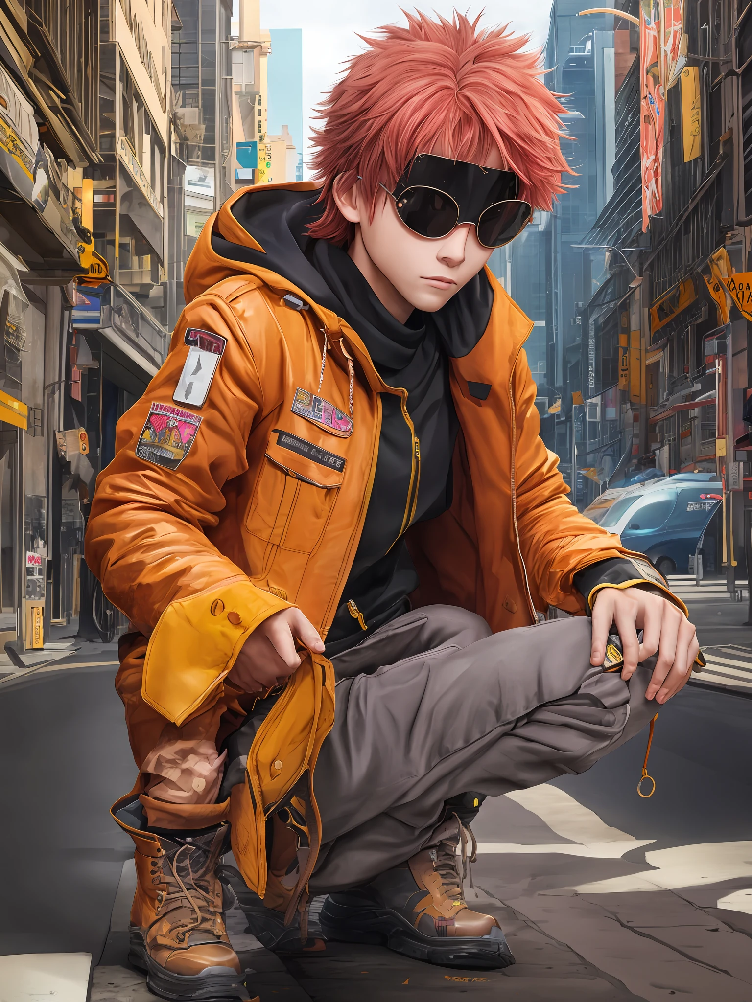 official art, unity 8k wallpaper, ultra detailed,  solo, 1boy, male_focus,  masterpiece, best quality, Hideto Matsumoto,multicolored hair, red hair, pink hair, black hair, squatting, looking at viewer, full body, long sleeves, lips, pink hair, gloves, brown eyes, yellow bodysuit, short hair, yellow pants, closed mouth, boots, jacket, spiked hair, yellow jacket, pants, shoes, red footwear, perfect skin, detailed face, detailed eyes, shiny skin, textured skin, tonemapping, side lighting, rim lighting, good proportions, good anatomy, (highest quality, award winning)