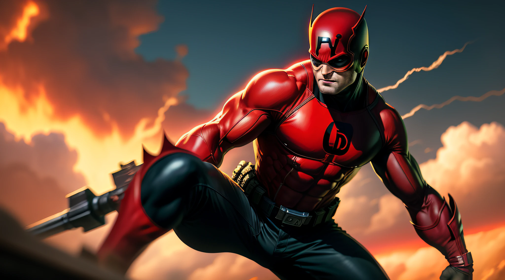 solo, masterpiece, best quality, medium shot of Daredevil, marvel, fighting stance, dynamic angle