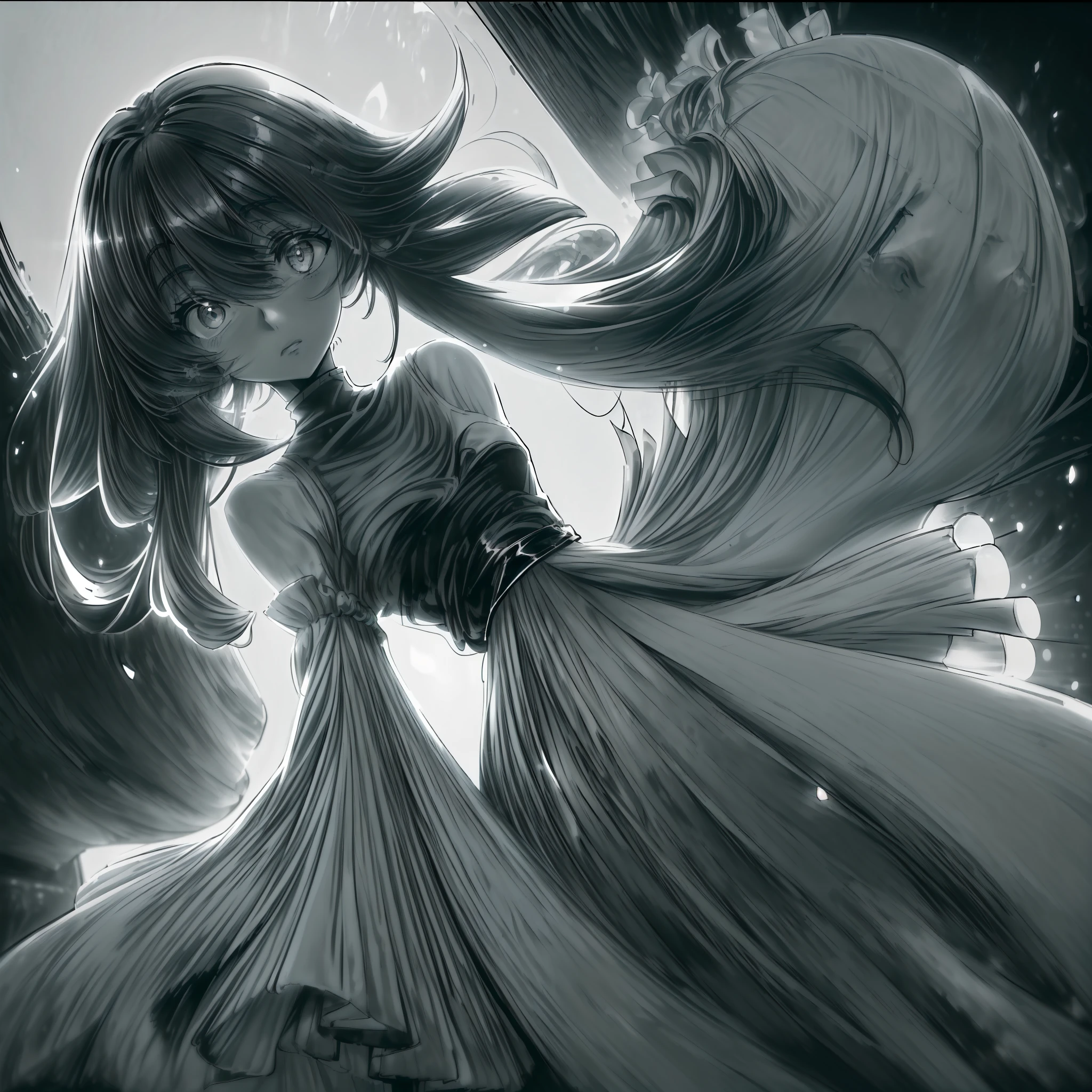 (Portrait), (((Anime girl in monochrome with a bright background light))), (((anime girl enveloped in darkness yet illuminated by a radiant background light))), (((the girl stands out against the backdrop of a serene and ethereal seaside scene, With her monochromatic appearance))), (((her delicate features are shrouded in shades of black and gray))), (((Her eyes, mesmerizing yet enigmatic, hold a hint of mystery within their depths))), (((The contrasting brightness behind her casts a gentle glow, accentuating her silhouette and creating an enchanting ambiance))) (Modifier: Mysterious, ethereal, captivating, contrasting, enigmatic), (Medium: Digital Art), ((Style: Anime-inspired art style with monochromatic elements)), (Mood/Emotion: Contrast, Mystery, Hope), (((Composition: Centered, highlighting the character against the bright background light))), (((Lighting: Bright and radiant from the background, casting a gentle glow on the character))), (((Color Palette: Monochromatic with shades of black, gray, and a bright background light))), (((Facial Expressions: Intriguing, hinting at mystery and possibility))), (((Hair Style/Color: Dark and flowing, blending with the monochromatic color scheme))), (((Clothing Style/Color: Simple and elegant, complementing the monochromatic aesthetic))), (((Background: Serene seaside scene with a bright light source, symbolizing hope and contrast))),silhouette, light particles,