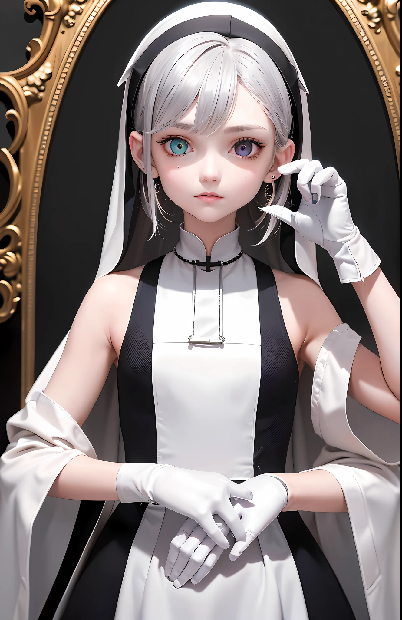 Best, Masterpiece, High Resolution, Best Quality, Ultra HD, Super Detail, Award-Limited, 16k, (Upper Body), Beautiful Girl, Gray Hair, Hair, ((Heterochromia)), Hanging Eye Corners, Fair Skin, (Small), (Slim Body), ((Cassock)), Stud Earrings, (Neck Rings), (Very, Very Short Gloves)