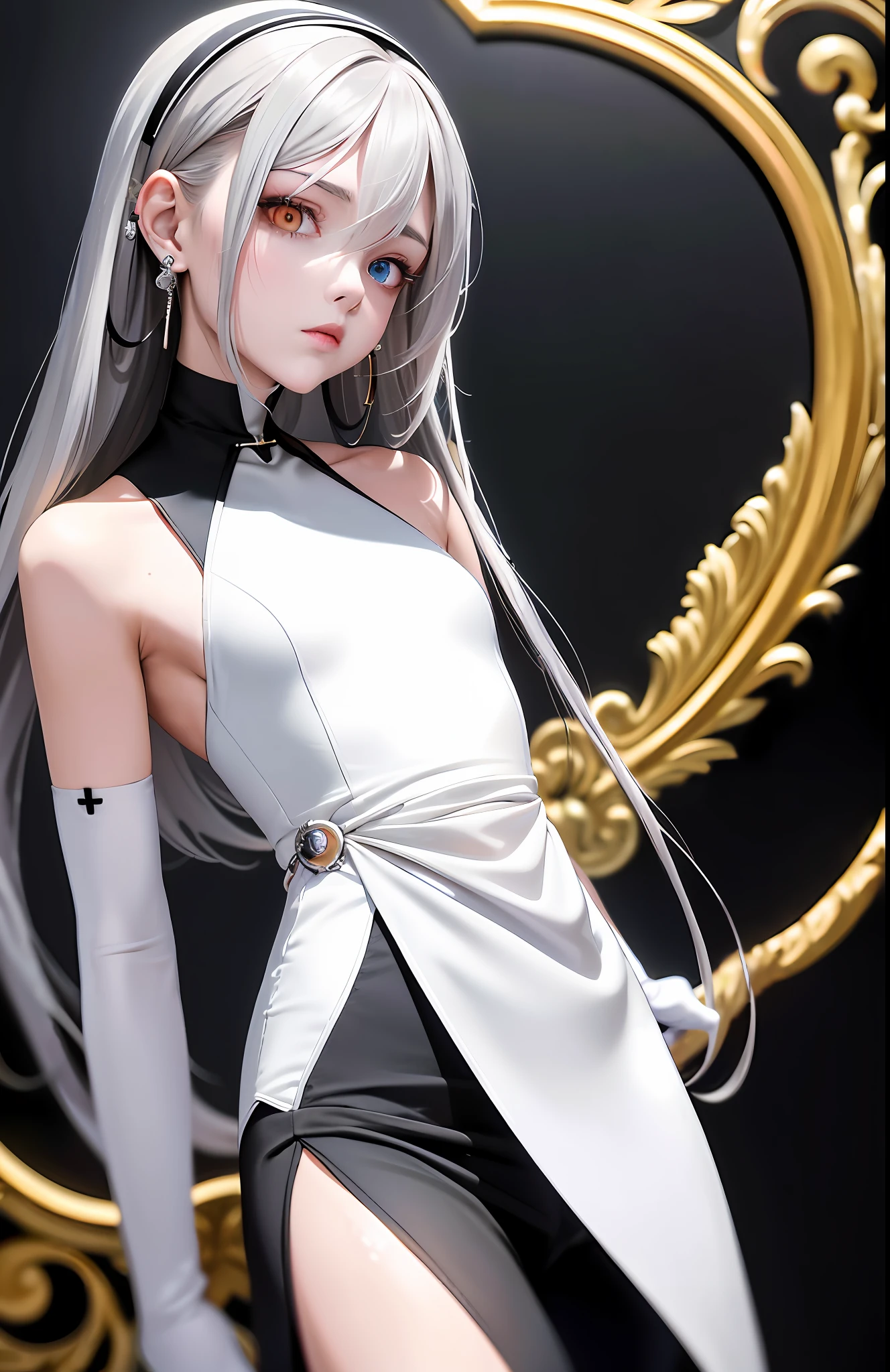 Best, Masterpiece, High Resolution, Best Quality, Ultra HD, Super Detail, Award-Limited, 16k, (Upper Body), Beautiful Girl, Gray Hair, Hair, ((Heterochromia)), Hanging Eye Corners, Fair Skin, (Small), (Slim Body), ((Cassock)), Stud Earrings, (Neck Rings), (Very, Very Short Gloves)