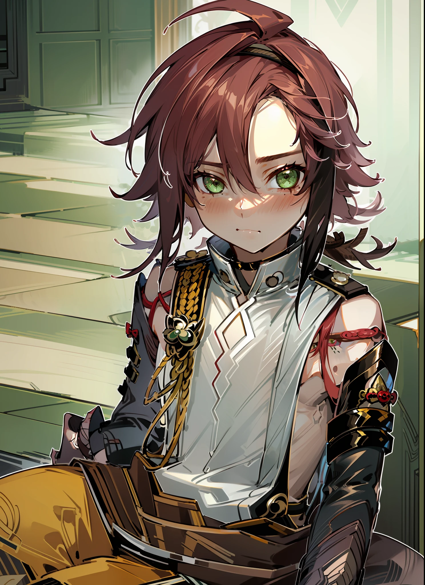 ((highest quality, masterpiece, 4k, finely detailed, detailed eyes, detailed face, intricate details, pixiv, gelbooru)), ((solo)), male focus, 1boy, Shikanoin_Heizou (Genshin_Impact), dark red hair, bright green eyes, slender feminine frame, male, (((sitting on floor, submissive pose))), (((submissive expression, looking at viewer, blushing deeply)))