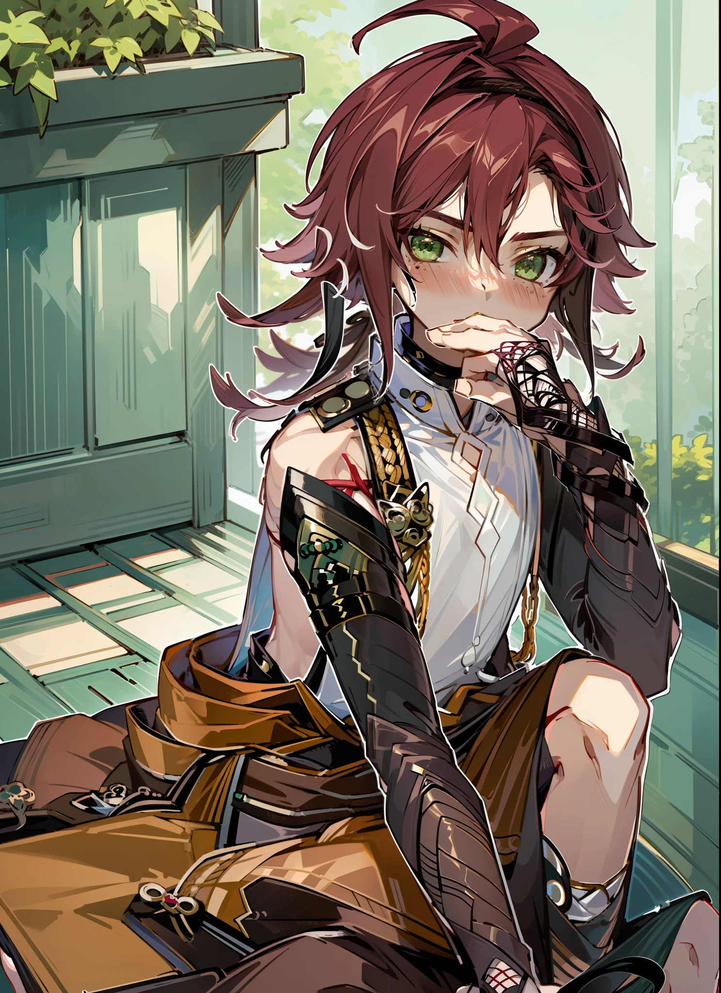 ((highest quality, masterpiece, 4k, finely detailed, detailed eyes, detailed face, intricate details, pixiv, gelbooru)), ((solo)), male focus, 1boy, Shikanoin_Heizou (Genshin_Impact), dark red hair, bright green eyes, slender feminine frame, male, (((sitting on floor, submissive pose))), (((submissive expression, looking at viewer, blushing deeply)))