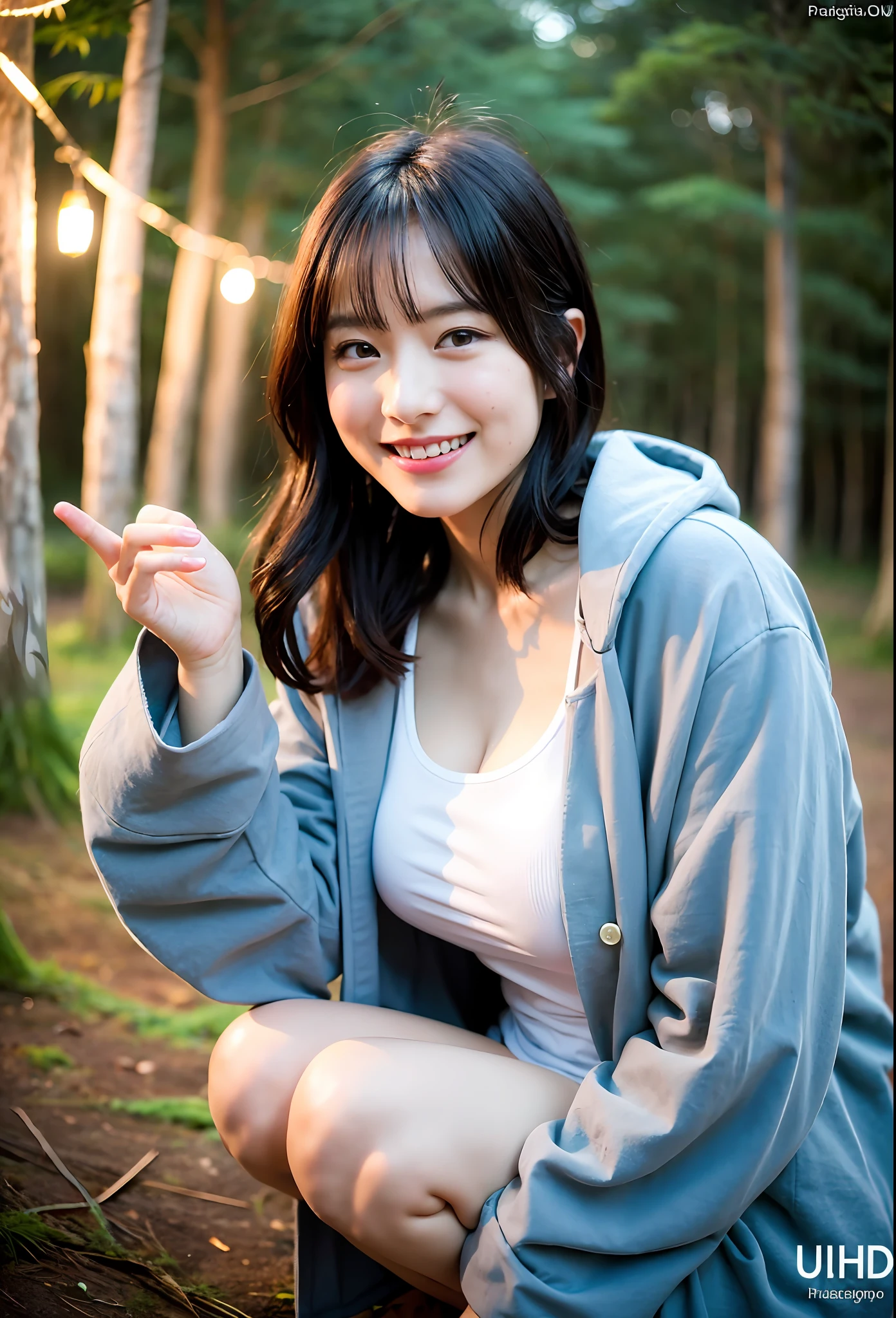 (Best Quality, 8k, 32k, Masterpiece, UHD: 1.2), Pretty Japan Woman Photos, (Winter), ((Midnight)), ((Open Clothes)), (Down Coat), Smiling, Campsite, 22 years old, Big, Forest, Background Bokeh, (Crouched Stance), Lots of Lamps, Crowd