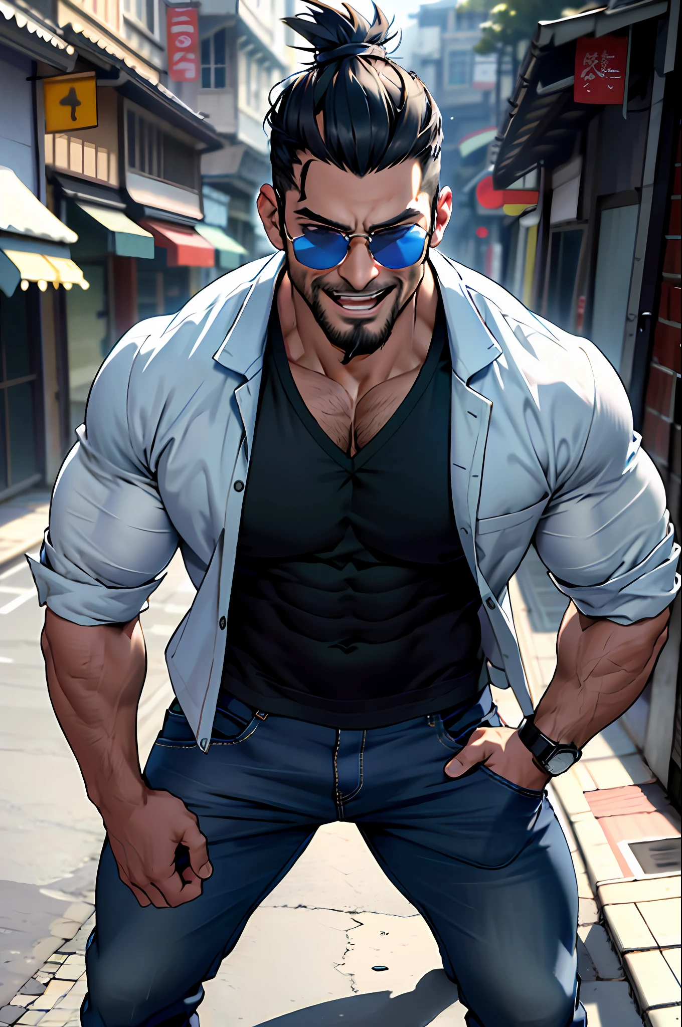 Best quality, masterpiece, ultra high res, detailed background, realistic, 1man, solo, male, muscular, mature male, short hair, topknot, facial hair, standing, open arms, open legs, open pants, colte jins, open mouth, huge smile, expression of fascination, surprised, square, real shadow and light, depth of field, chest, torn underwear, looking at the viewer, sunglasses falling,  strong wind in the face