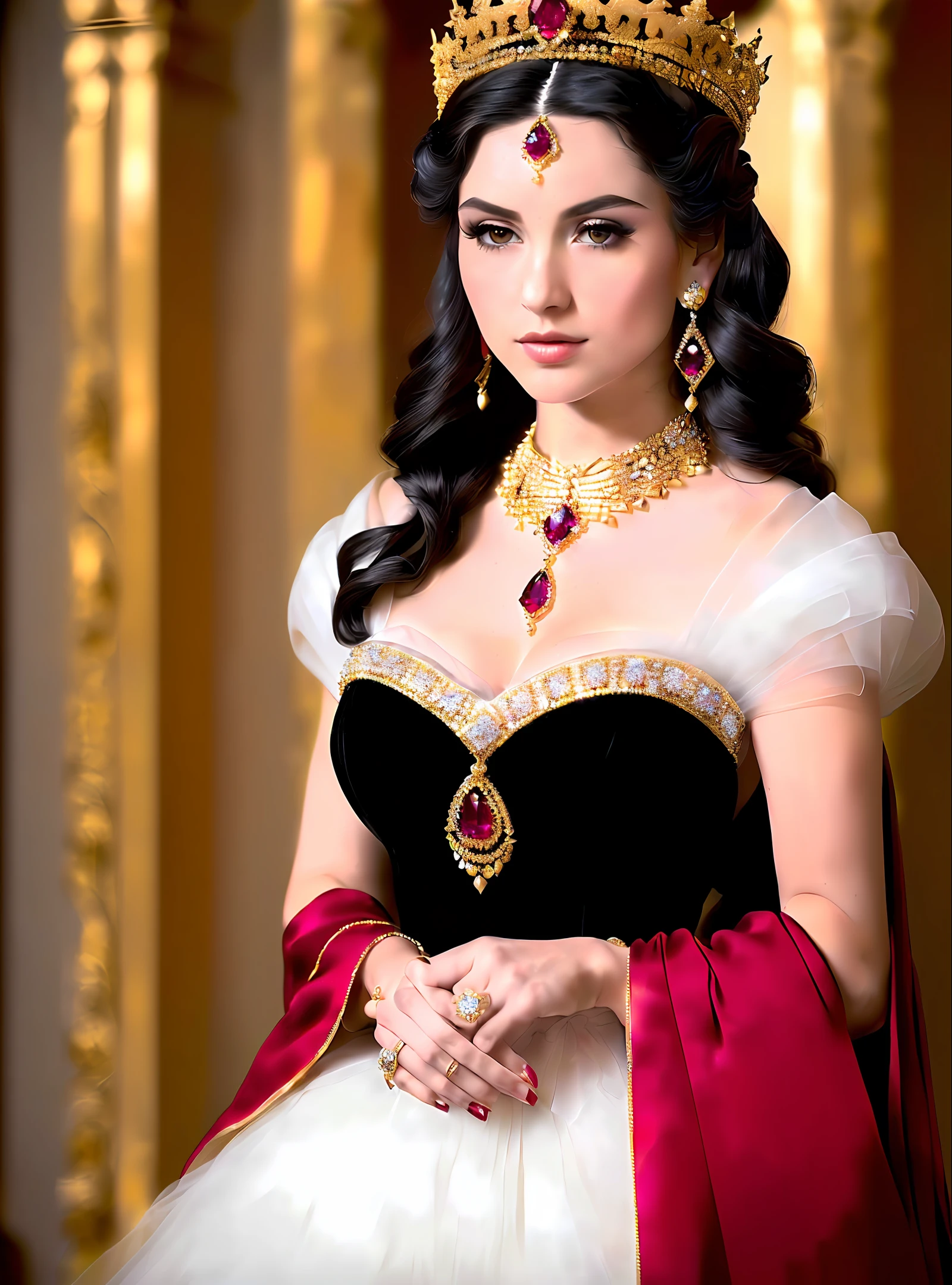 Emma Stone as princess of Austria, beautiful, realistic, human, with sexy look, black hair, white dress with golden jewelry decorating all the outfit, crown with rubies, good realistic lighting 4k photo