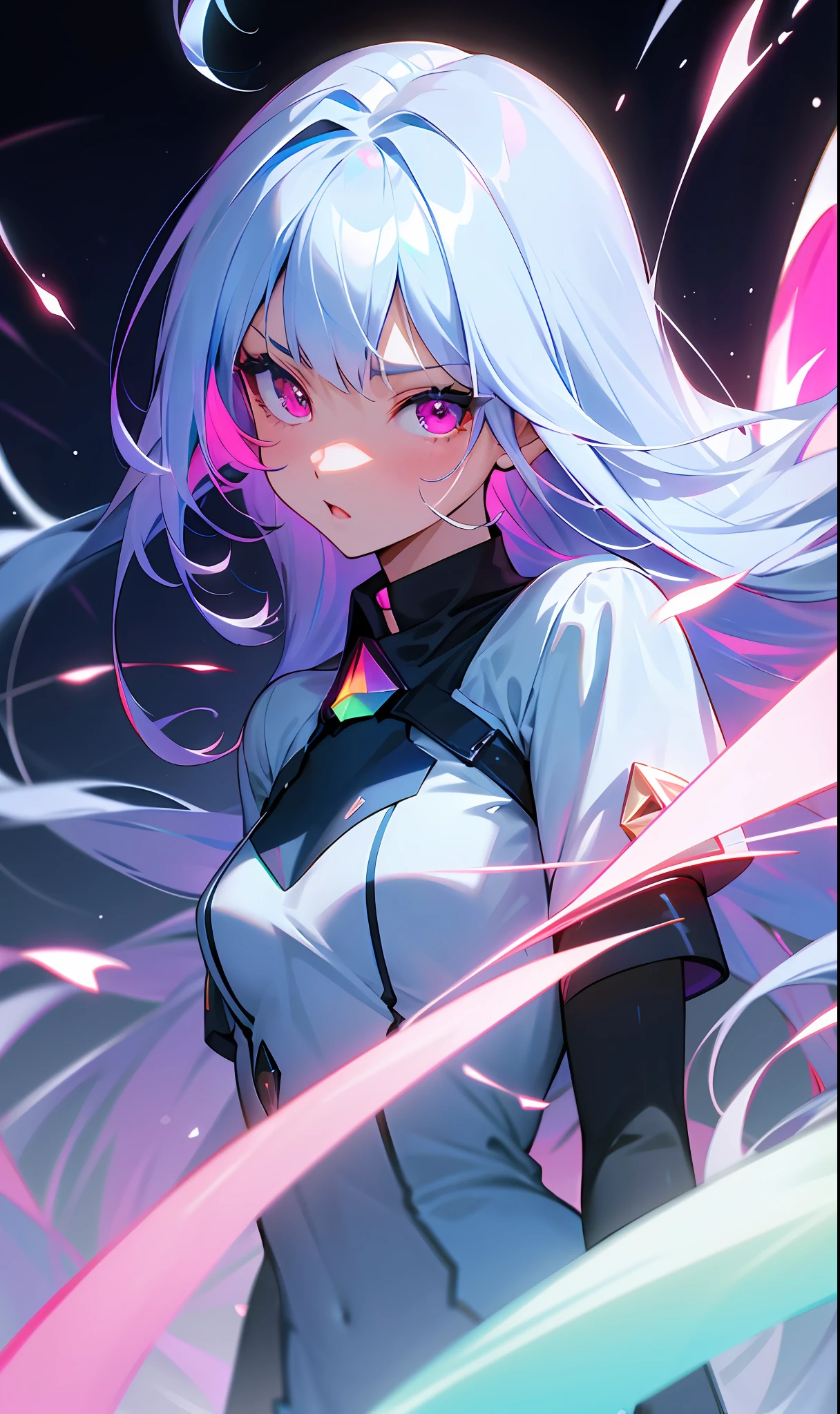 (Fine, Clear Image, Super Resolution, Extremely Amazing Detail, Awesome Detail), Subsurface Scattering, Masterpiece, Best Quality, High Quality, 1girl, Solo, Bust, Straight Vision, Prism Eye, Prism Hair, Prism, Serious, [Silver | White] + (Blue: -0.3) Hair, Blue + Red Eyes, Gradient Eyes, Multicolored Eyes, Calm, Small Tits, Uniform, Glow, Glow Eyes, Glow White Particles, Glitter, Bloom, Fantasy, Cave