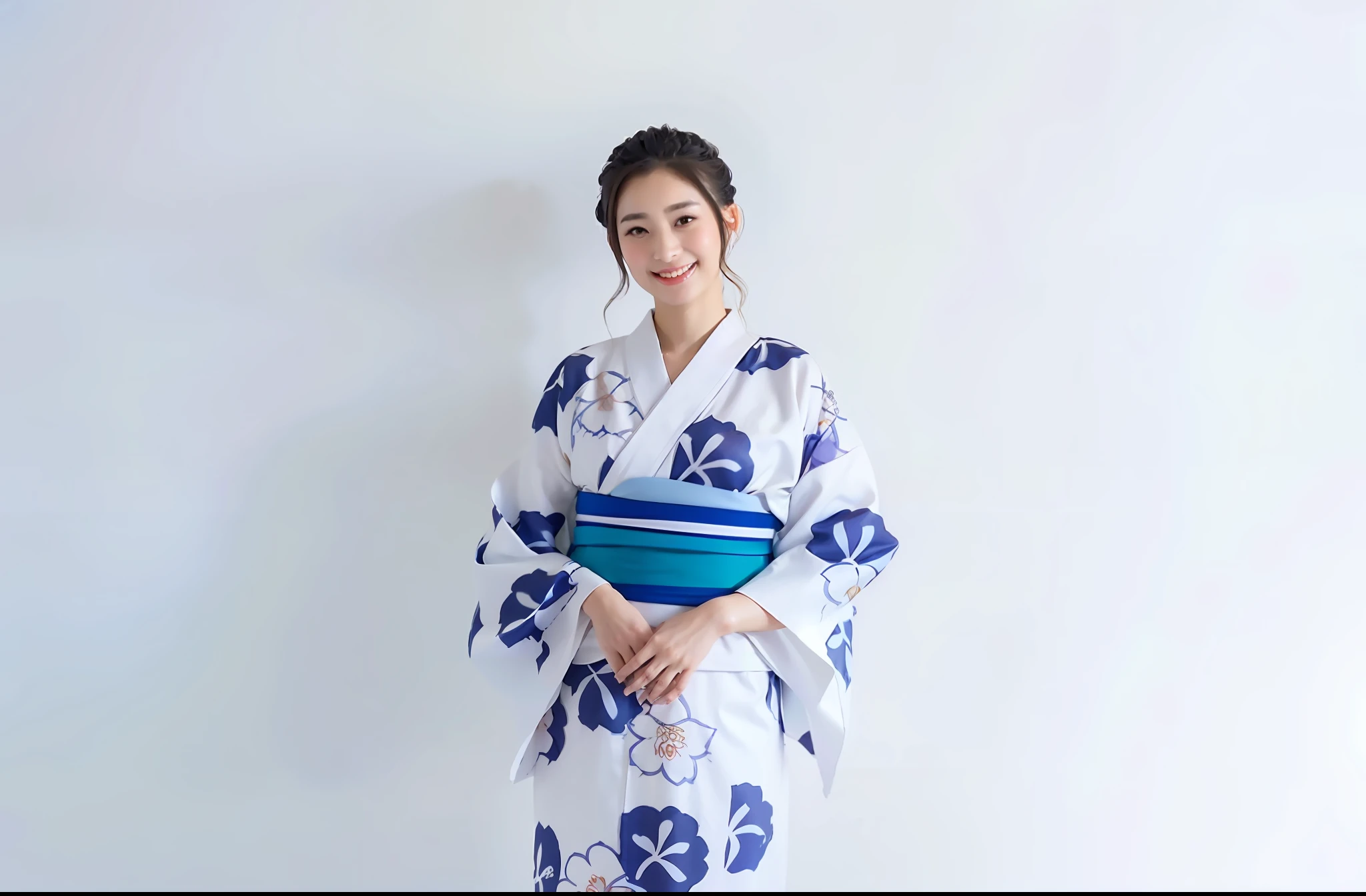 araffe dressed in a kimono standing in front of a white wall, classy yukata clothing, yukata clothing, in kimono, japanese clothes, wearing kimono, japanese kimono, wearing a colorful yukata, wearing a haori, wearing a kimono, wearing royal kimono, kimono, japaneese style, in a kimono, style of kanagawa, hakama kimono