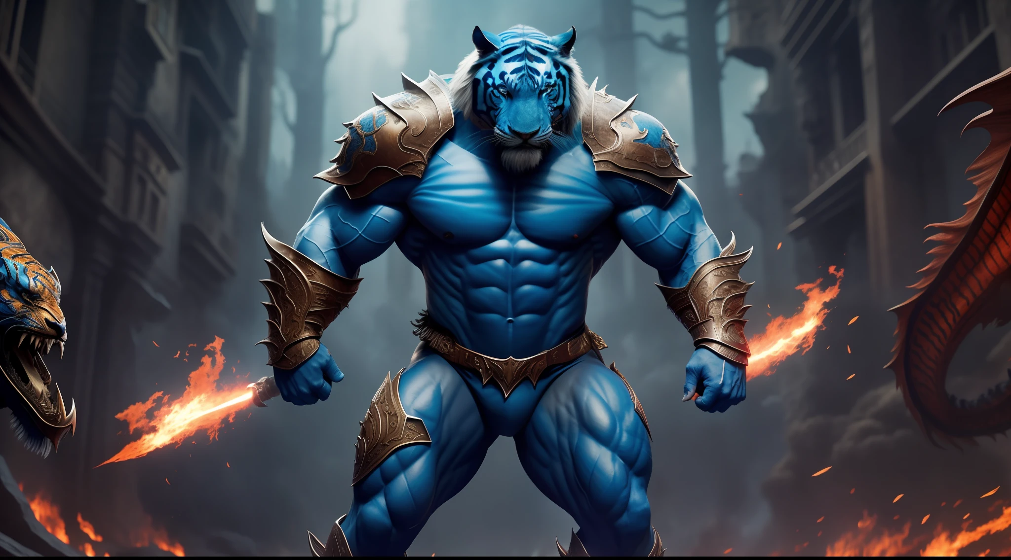 The description is of a muscular blue man with a tiger head, image of the man in 3d, depicted hyper-realistically in a full-body image. He is wearing an imposing red dragon armor. The surrounding scenery is war, creating an intense and dramatic atmosphere., high detail, speed lines, 360 view, cinematic lighting, Surrealism, Ultra-Wide Angle, Renaissance, 8k, UHD, retina, anatomically correct, high quality, award winning, highres, 16k, 8k, UHD, retina, anatomically correct, high quality, award winning, highres