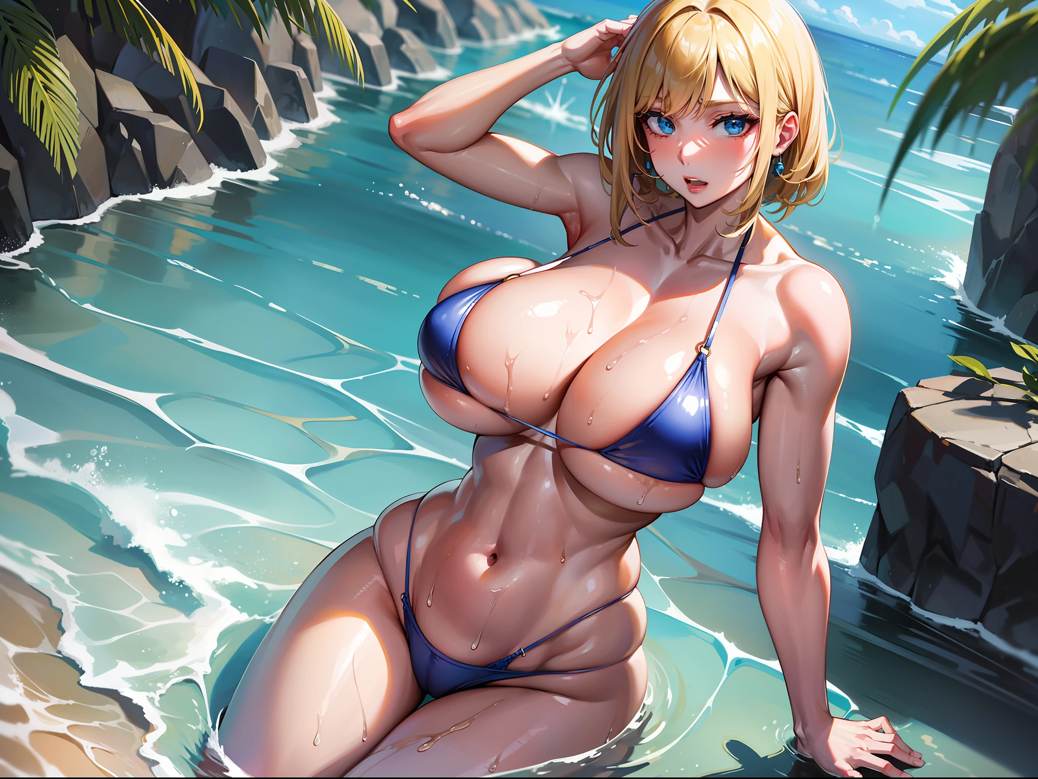1 young adult woman, tall, fitness model, huge breasts, erect tits, white skin, 1 beautiful belly button, water wet body, 2 human hands, five fingers, short straight hair , blonde and red inner color hair , white metallic micro bikini swimsuit, swimming style, sea, in the sea water, blue eyes, crotch groove, afternoon, sunshine, Masterpiece