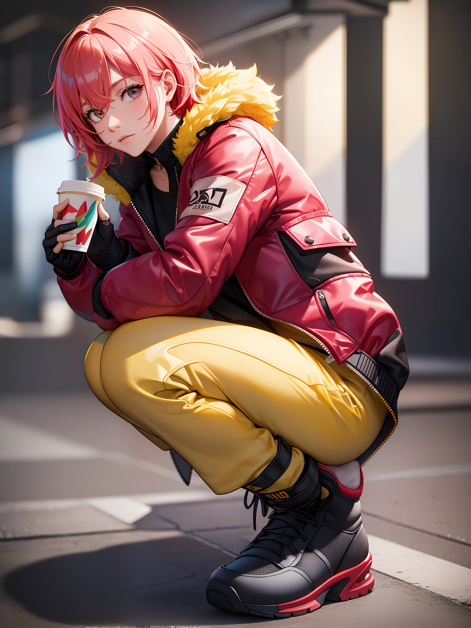 official art, unity 8k wallpaper, ultra detailed, solo, 1boy, male_focus, masterpiece, best quality, Hideto Matsumoto,multicolored hair, red hair, pink hair, black hair, squatting, looking at viewer, holding, holding a coffee cup, full body, long sleeves, lips, pink hair, gloves, brown eyes, yellow bodysuit, short hair, yellow pants, closed mouth, boots, jacket, spiked hair, yellow jacket, pants, shoes, red footwear, perfect skin, detailed face, detailed eyes, shiny skin, textured skin, tonemapping, side lighting, rim lighting, good proportions, good anatomy, (highest quality, award winning)