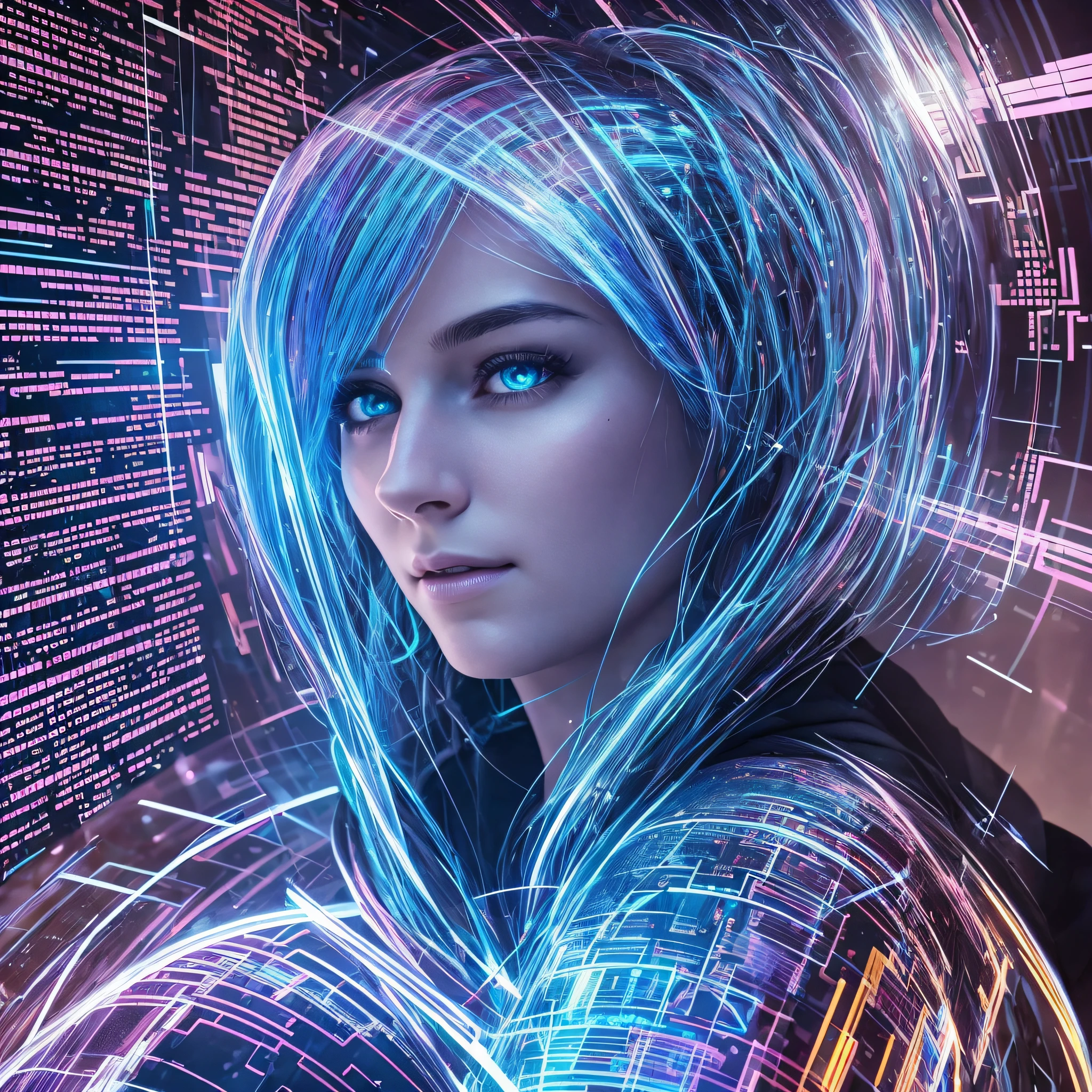 A scene from a cyberpunk movie, a skilled hacker sits in front of multiple holographic screens in a dimly lit room, her eyes reflecting cascading codes. The pale glow from the screen casts an ethereal light on her face, reflecting off the metal surfaces of the room. The intricate details of the hacker's face, the holographic screen, and the play of light and reflection are all crisp and rendered in stunning 32k resolution., one side up, endured face, afterimage