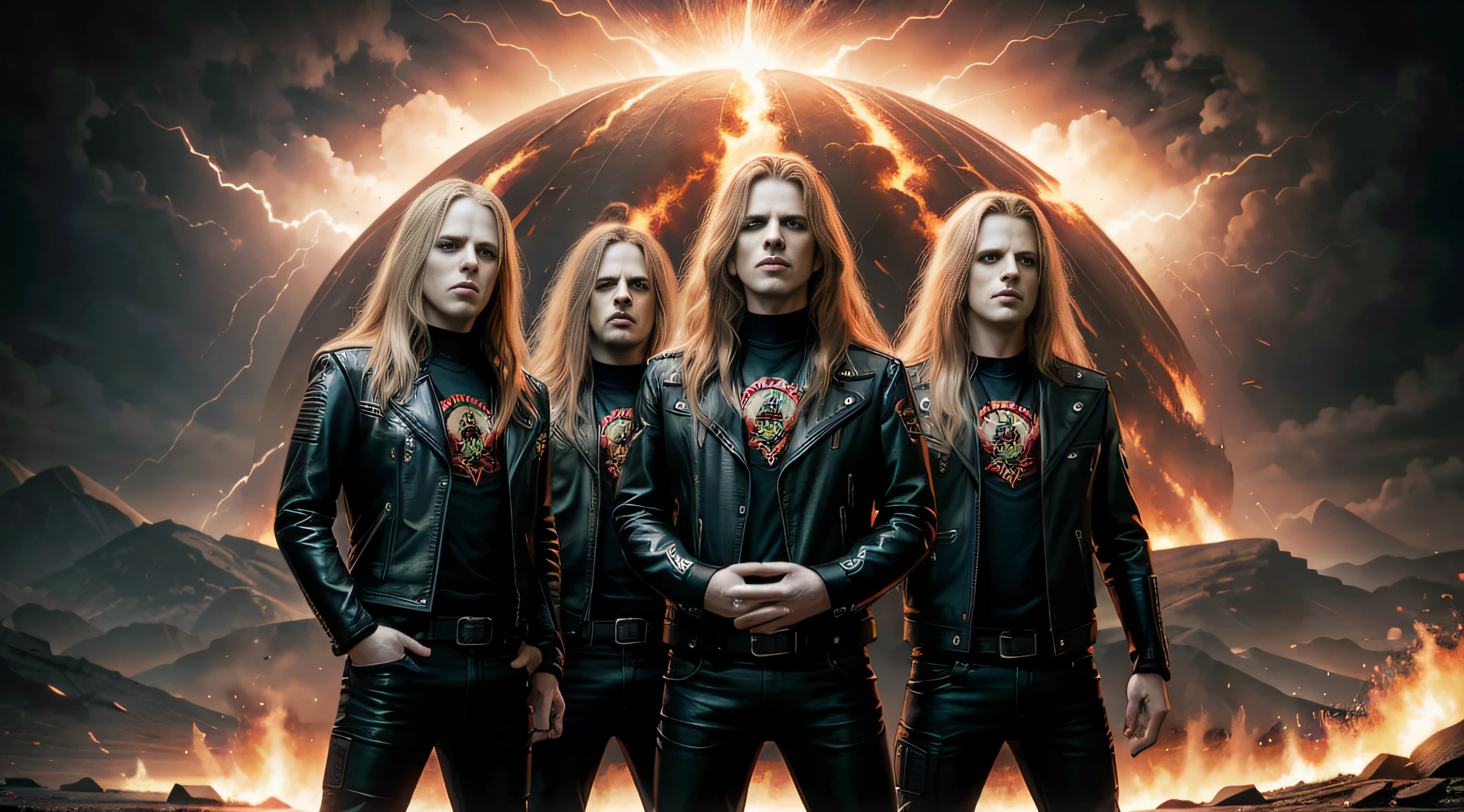 Three boys in leather clothes standing in front of a big explosion style portrait,infernal , LIGHTNING, Heavy metal band promo, Thrash metal, Heavy Rock band promo photo, Arch Enemy, Burning in Hell, New Wave of British Heavy Metal, Long Blonde Flaming Hair, Heavy Metal The Movie, Destruction, Slayer, 2 0 0 6 Advertising Promo Shot,  Proto - Metal Band Promo, Megadeth, death metal