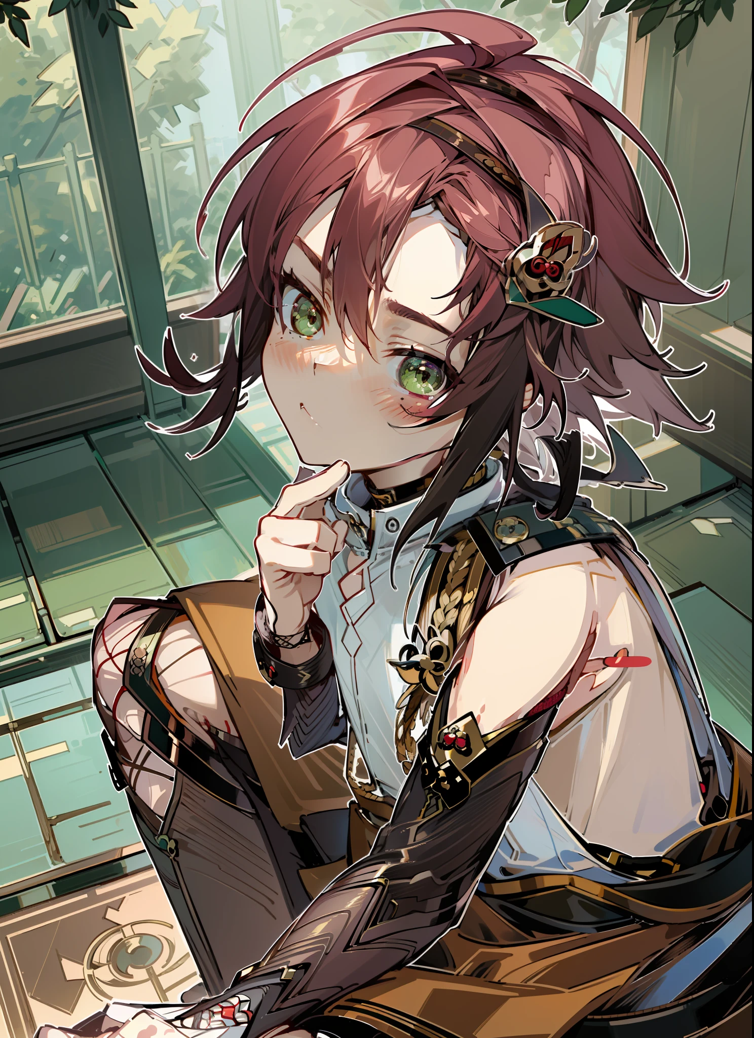 ((highest quality, masterpiece, 4k, finely detailed, detailed eyes, detailed face, intricate details, pixiv, gelbooru)), ((solo)), male focus, 1boy, Shikanoin_Heizou (Genshin_Impact), dark red hair, bright green eyes, slender feminine frame, male, (((sitting on floor, submissive pose))), (((submissive expression, looking at viewer, blushing deeply)))