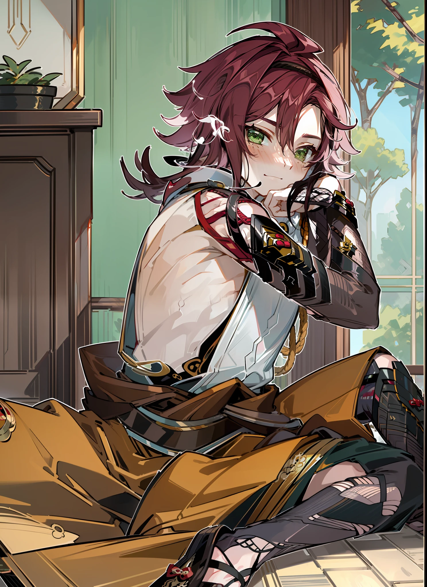 ((highest quality, masterpiece, 4k, finely detailed, detailed eyes, detailed face, intricate details, pixiv, gelbooru)), ((solo)), male focus, 1boy, Shikanoin_Heizou (Genshin_Impact), dark red hair, bright green eyes, slender feminine frame, male, (((sitting on floor, submissive pose))), (((submissive expression, looking at viewer, blushing deeply)))