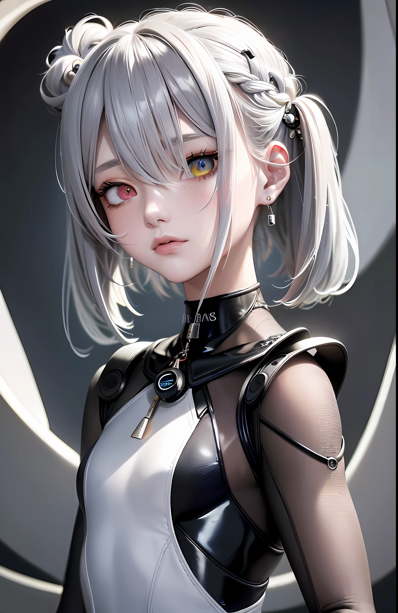 Best, Masterpiece, High Resolution, Best Quality, Ultra HD, Super Detail, Award-Limited, 16k, (Upper Body), Beautiful Girl, Gray Hair, Hair, ((Heterochromia)), Hanging Eye Corners, Fair Skin, (Small), (Slim Body), ((hazmat_suit)), Stud Earrings, (Neck Rings), (Very, Very Short Gloves)