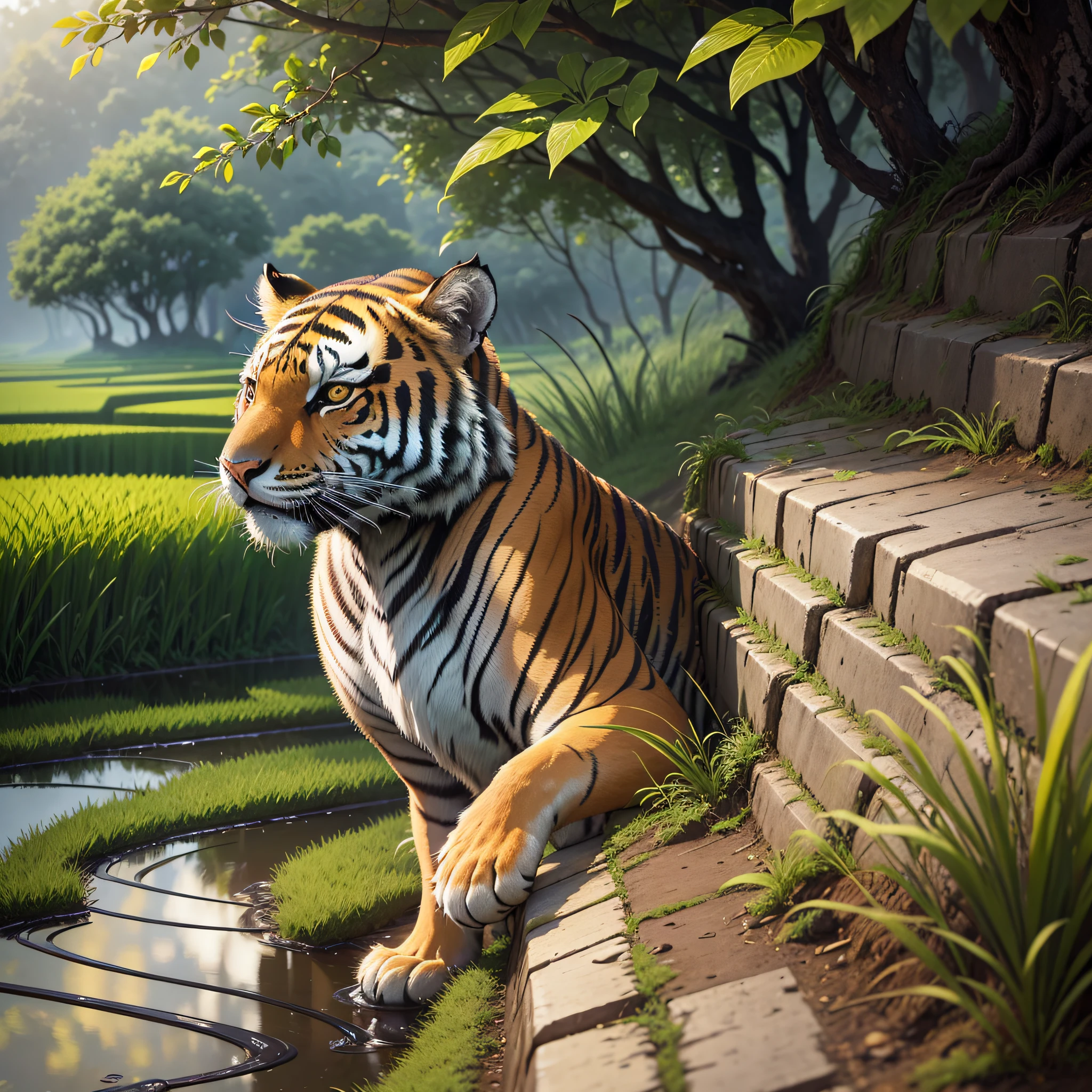 A tiger, crouched on the edge of a rice field, leisurely looking at you, hair rooted, noon, bright light, side light, Chiaroscuro UHD ccurate super detail high details best quality high quality 16k Surrealism ray tracing drop shadow --aspect 4:3 --auto --s2