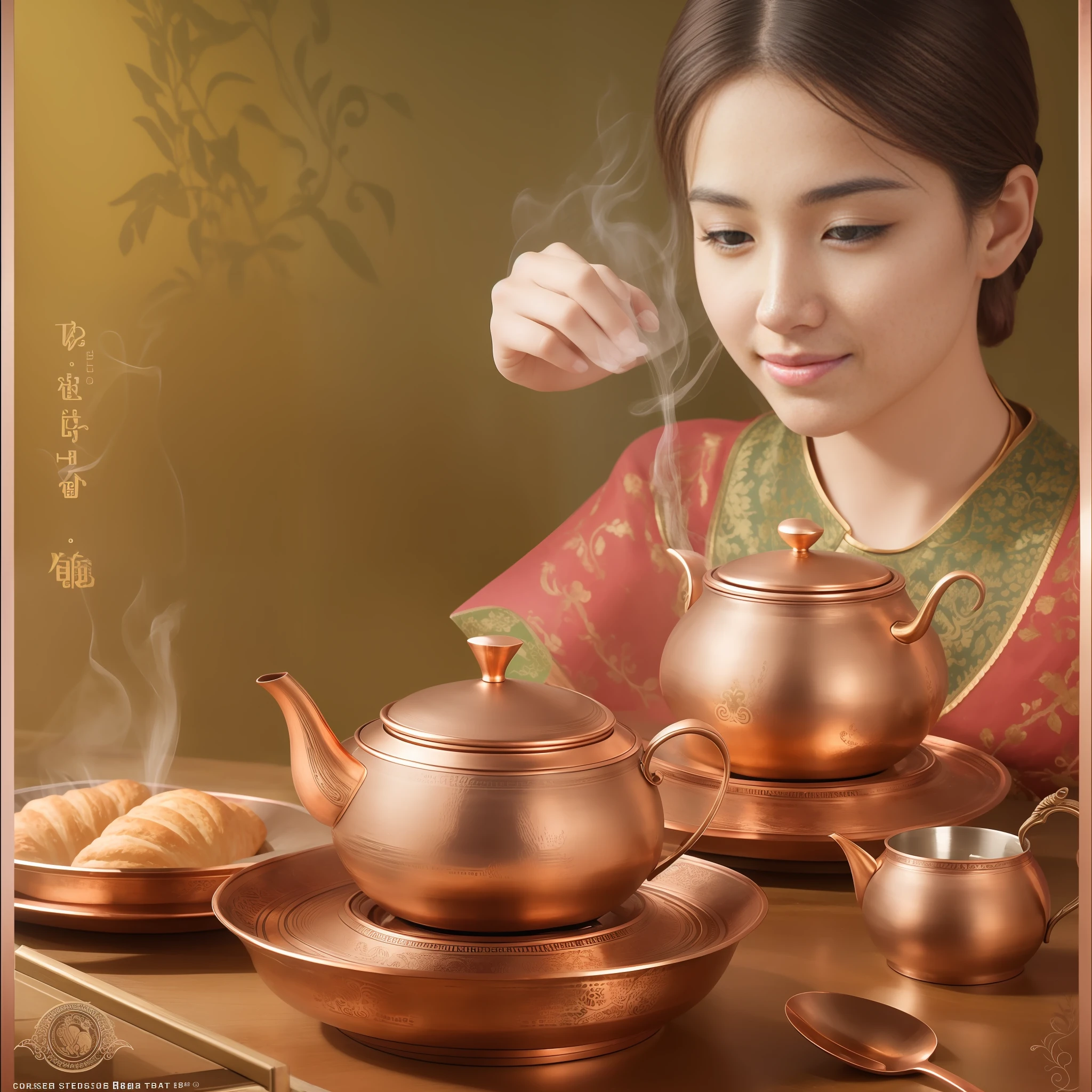 Masterpiece, HD, a poster, vegetarian, copper incense burner, green tobacco, tea set, pastries and tea, tableware, --auto --s2