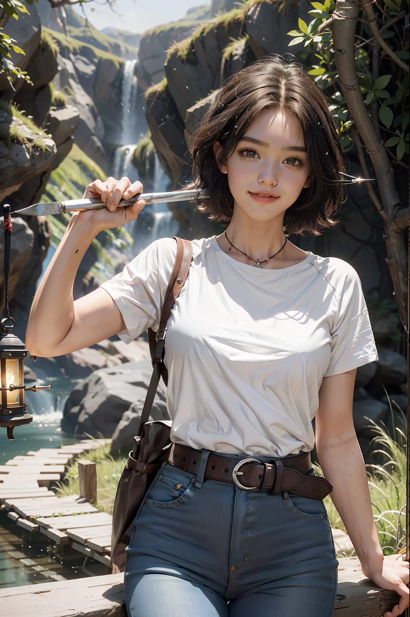 Best Quality, (Realism: 1.4), Masterpiece, Ultra High Resolution, Cave, Short Sleeved White Shirt, Jeans, Belt, Hiking Pickaxe, Lantern, Bow and Arrow on Back, Short Knife at Waist, 1Girl, Beautiful Girl, Short Hair, Damp Hair, Neck Ring, (Musket), Adventurer, Smile, Upper Teeth, Lower Abdomen, Bodybuilding,