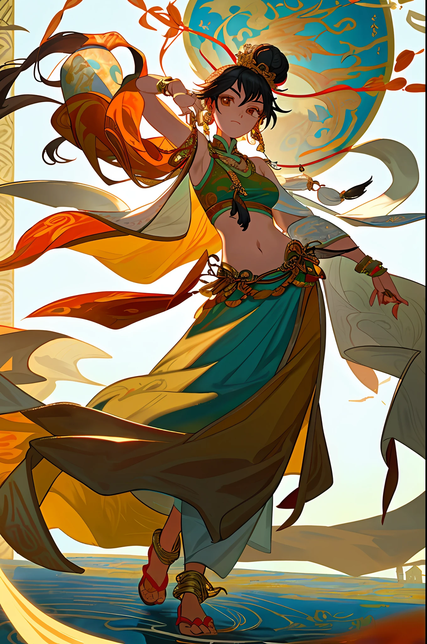 Inspired by Dunhuang Flying Apsaras mural, an ancient Chinese beauty stands and dances on the water, gorgeous Dunhuang costumes are embroidered with intricate embroidery, flowing tulle, transparent long colorful ribbons on the arms, navel exposed, shoulders exposed, and neck exposed , black curly hair in a high bun with flower hairpins, streamers on the arm rings, wreath rings, bracelets, anklets, metal chain tassels on the waist, Mogao Grottoes art, ink painting, cgstation fashion