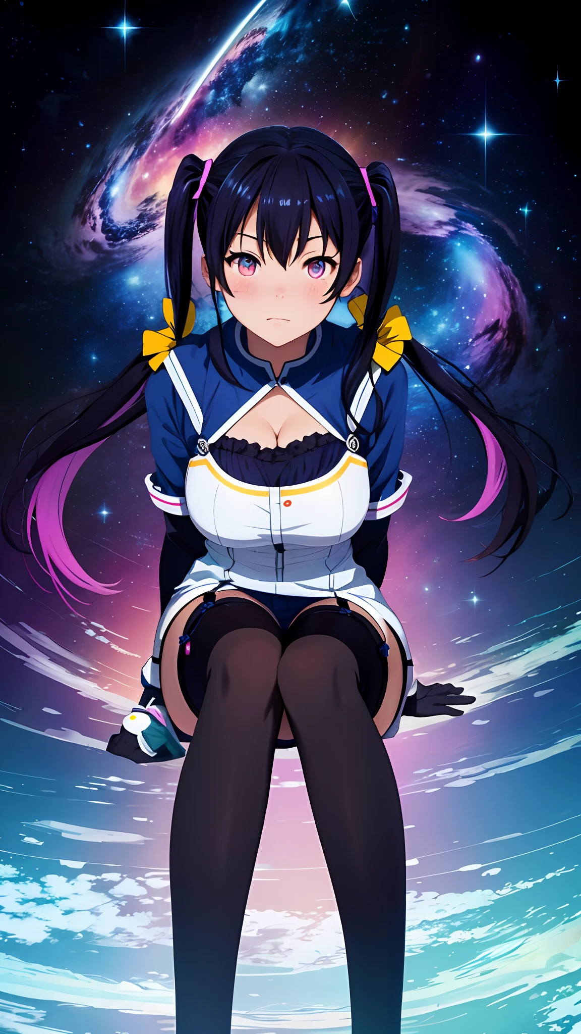 (tamaki kotatsu), Sexy, from above, facing viewer, eyes close up, covered cleavage, galaxy reflection on eyes, galaxy eyes, univers hair, twintail, busty, solid background, full body, 8k, absurd quality, beautiful face, hands out of frame,absurd res, high res, (masterpiece:1.4), ultra-detailed, 1girl, from front, jumping, stockings, galaxy hair, galaxy shape eyes, Andromeda eyes, garter belt, yandere, twintail