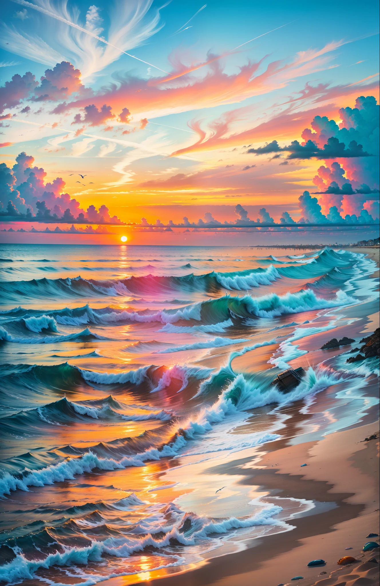 An absolutely mesmerizing sunset over the beach, with a mix of oranges, pinks and yellows filling the sky. The crystal clear waters of the sea violently beat the coast, with a black sand beach stretching everywhere. The scene is dynamic and breathtaking, with seagulls soaring high in the sky and palm trees swaying gently. Soak up the soothing atmosphere and let the tranquility take over you.